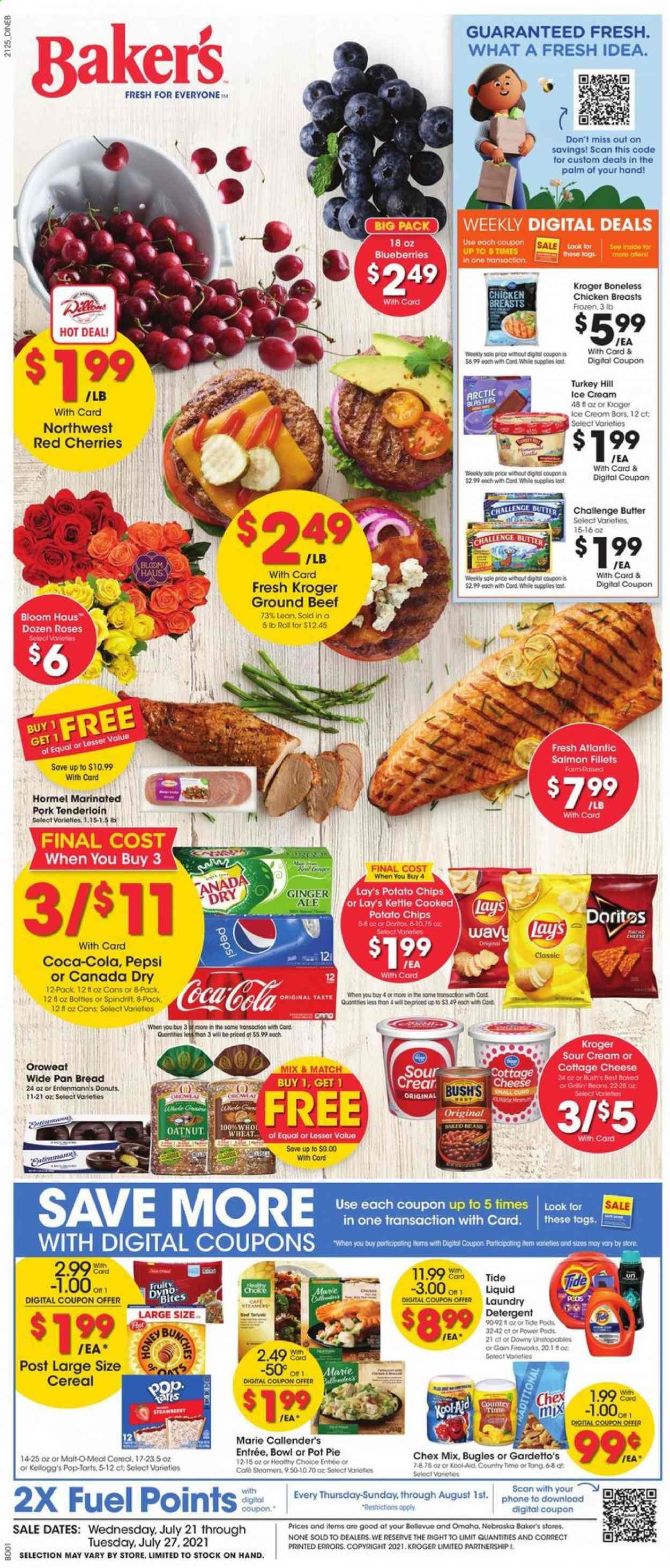 thumbnail - Baker's Flyer - 07/21/2021 - 07/27/2021 - Sales products - bread, pie, pot pie, donut, beans, blueberries, cherries, salmon, salmon fillet, Marie Callender's, Hormel, cottage cheese, curd, butter, sour cream, ice cream, Kellogg's, potato chips, Lay’s, Chex Mix, oats, baked beans, cereals, Canada Dry, Coca-Cola, ginger ale, Pepsi, Country Time, Spindrift, chicken breasts, beef meat, ground beef, pork meat, pork tenderloin, detergent, Gain, Tide, Unstopables, Gain Fireworks, pot, pan, bowl, Bakers, tong, rose. Page 1.