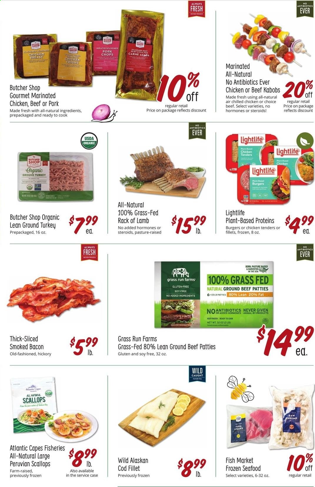 thumbnail - Sprouts Flyer - 07/21/2021 - 07/27/2021 - Sales products - cod, scallops, tuna, seafood, shrimps, bacon, ground turkey, chicken breasts, chicken tenders, chicken thighs, beef meat, ground beef, steak, pork chops, pork meat, lamb meat, rack of lamb, cap. Page 4.