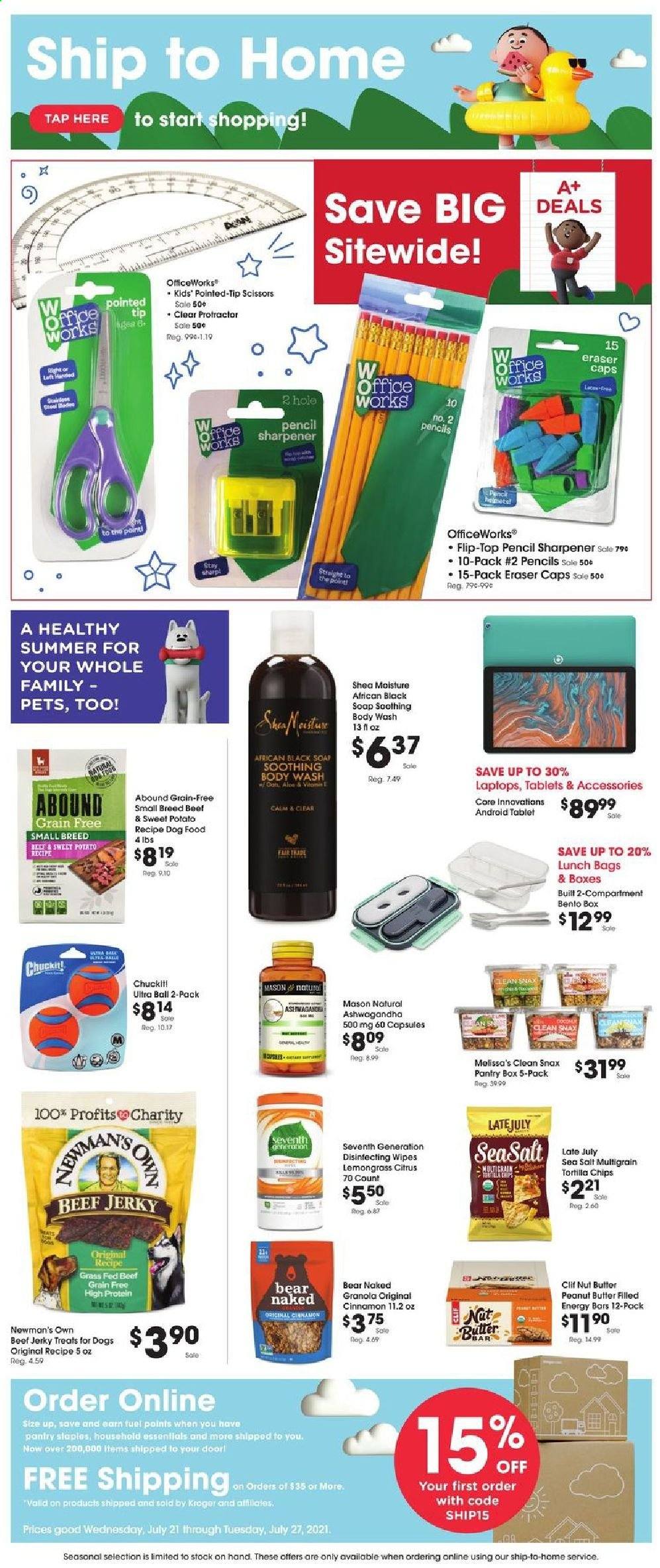 thumbnail - QFC Flyer - 07/21/2021 - 07/27/2021 - Sales products - sweet potato, beef jerky, jerky, tortilla chips, chips, granola, energy bar, cinnamon, nut butter, wipes, body wash, soap, meal box, sharpener, scissors, eraser, cap. Page 1.