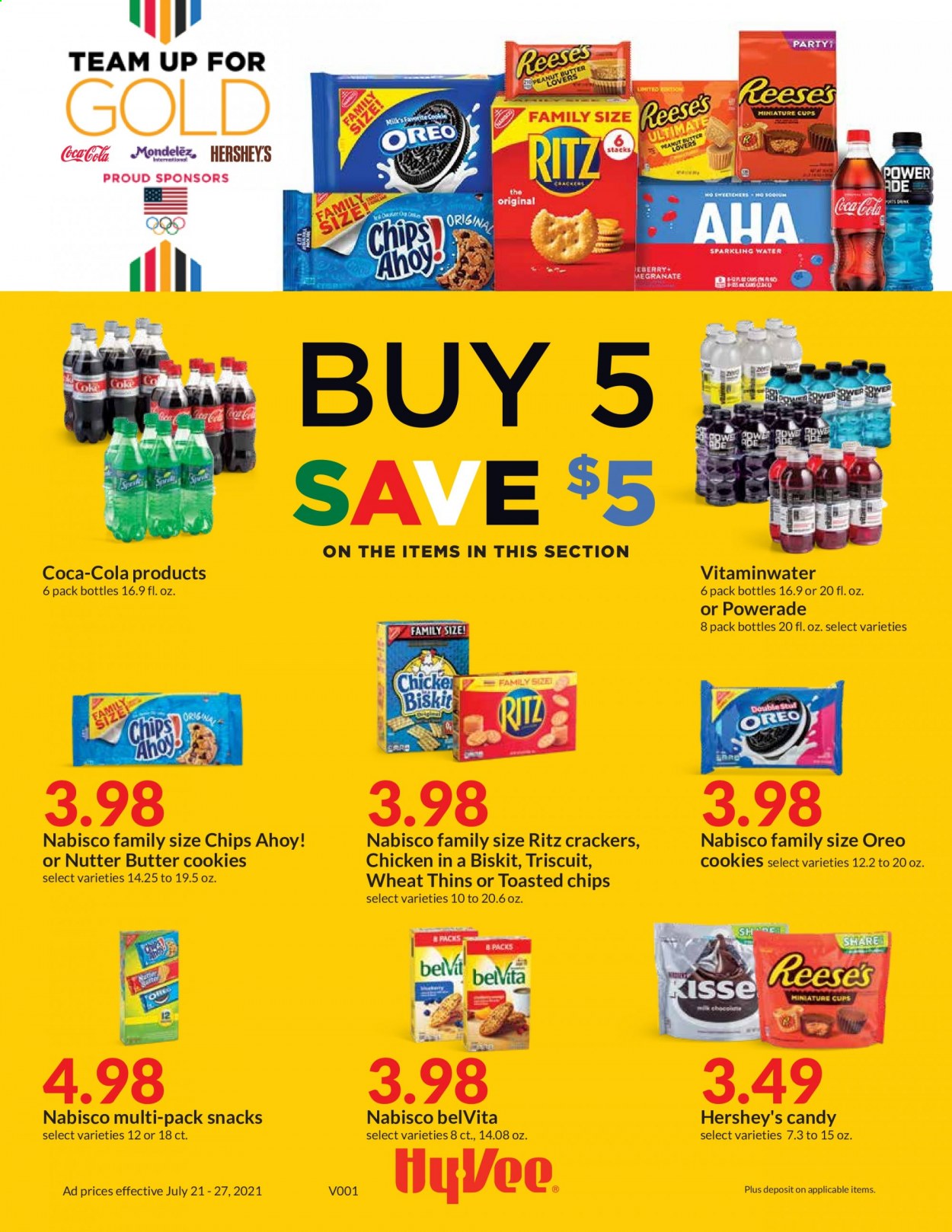 thumbnail - Hy-Vee Flyer - 07/21/2021 - 07/27/2021 - Sales products - Oreo, Reese's, Hershey's, cookies, butter cookies, snack, crackers, Chips Ahoy!, RITZ, chips, Thins, belVita, peanut butter, Coca-Cola, Powerade, cup. Page 1.