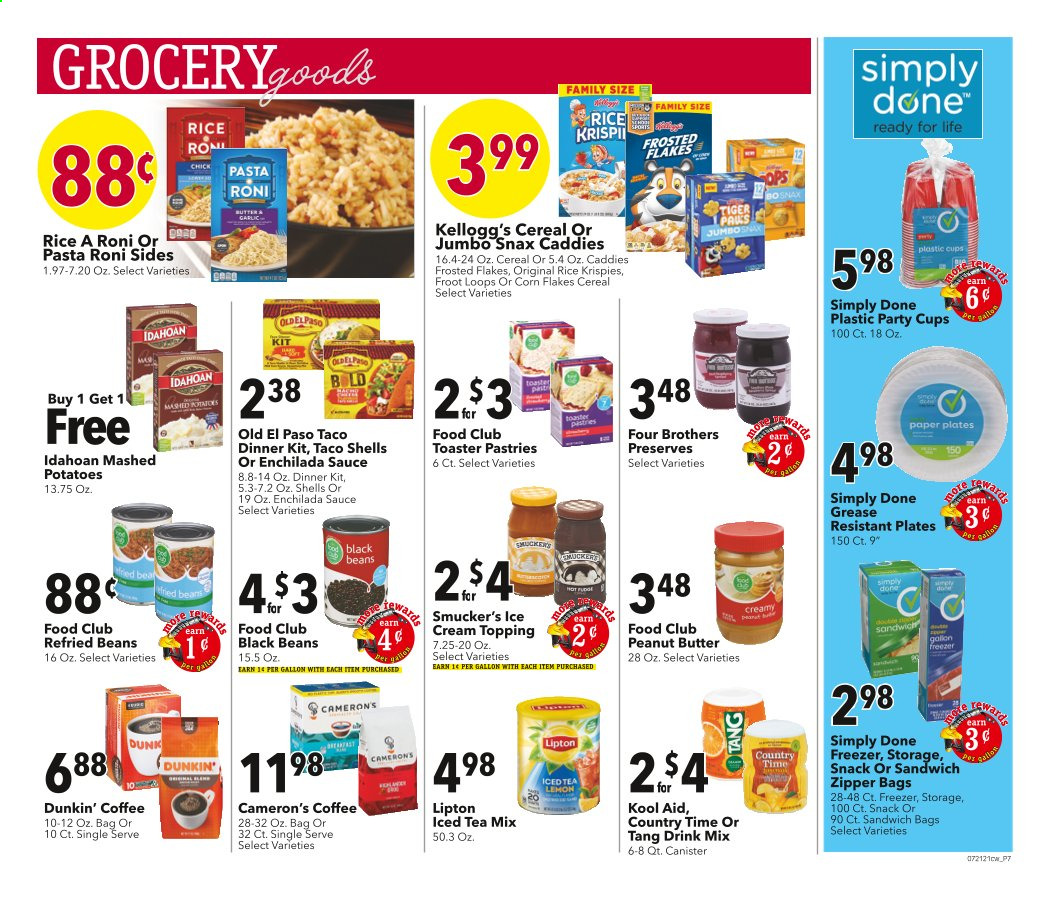thumbnail - Cash Wise Flyer - 07/21/2021 - 07/27/2021 - Sales products - Old El Paso, mashed potatoes, sauce, dinner kit, Four Brothers, ice cream, snack, Kellogg's, topping, black beans, enchilada sauce, refried beans, cereals, corn flakes, Rice Krispies, Frosted Flakes, peanut butter, Lipton, ice tea, Country Time, coffee. Page 7.