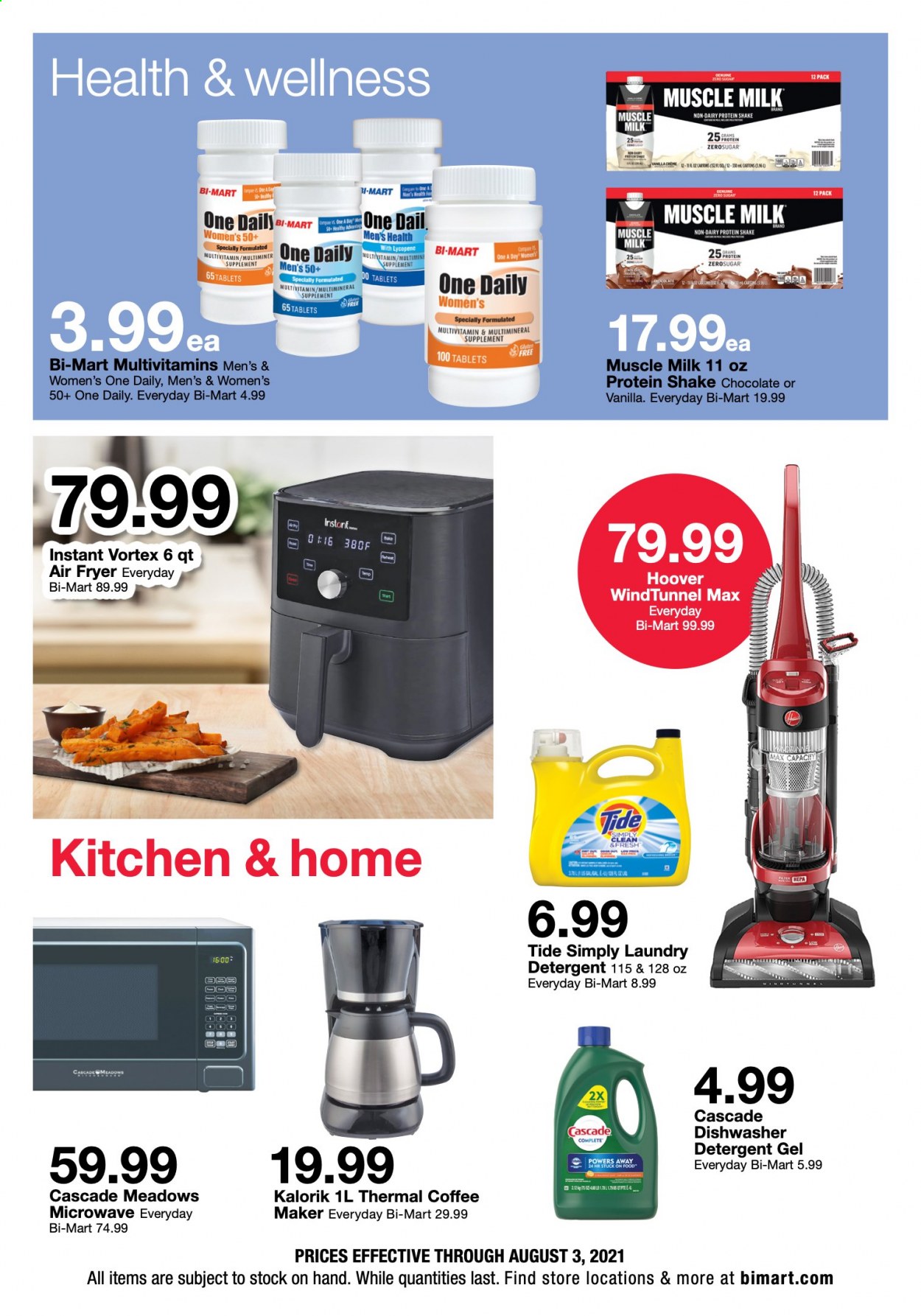 thumbnail - Bi-Mart Flyer - 07/21/2021 - 08/03/2021 - Sales products - milk, protein drink, shake, muscle milk, chocolate, detergent, Cascade, Tide, laundry detergent, washing gel, coffee machine, air fryer, multivitamin, one daily. Page 9.