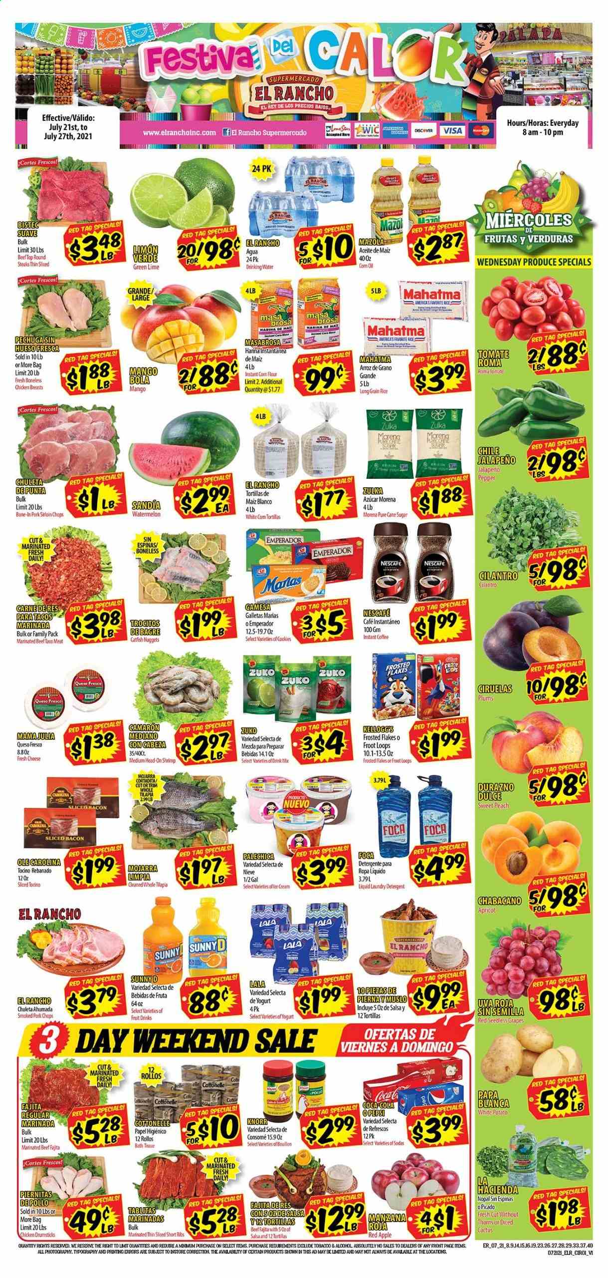 thumbnail - El Rancho Flyer - 07/21/2021 - 07/27/2021 - Sales products - seedless grapes, plums, tortillas, corn, jalapeño, grapes, mango, watermelon, tilapia, nuggets, Knorr, fajita, bacon, queso fresco, cheese, yoghurt, Rama, cane sugar, sugar, corn flour, Frosted Flakes, rice, pepper, salsa, Nescafé, alcohol, chicken breasts, chicken drumsticks, steak, marinated beef. Page 1.
