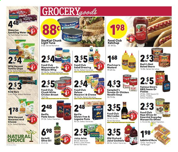 thumbnail - Coborn's Flyer - 07/21/2021 - 07/27/2021 - Sales products - buns, beans, Wild Harvest, tuna, StarKist, Campbell's, macaroni & cheese, hot dog, pasta sauce, soup, noodles cup, Barilla, noodles, Bertolli, mayonnaise, Miracle Whip, tortilla chips, chips, pickles, olives, light tuna, baked beans, BBQ sauce, mustard, salad dressing, ketchup, dressing, olive oil, oil, juice, sparkling water, chicken breasts. Page 6.