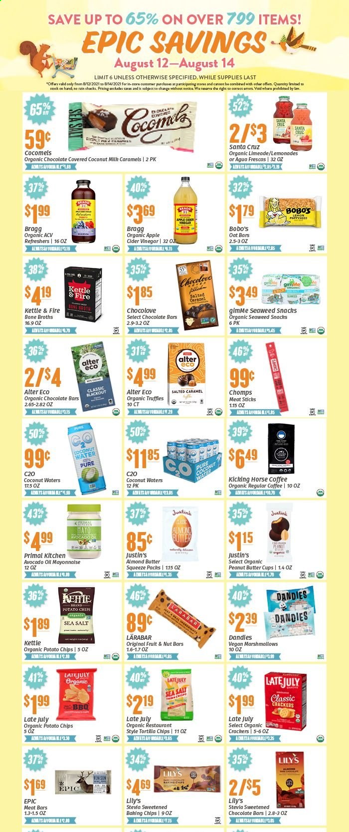 thumbnail - Natural Grocers Flyer - 08/12/2021 - 08/14/2021 - Sales products - venison meat, almond butter, mayonnaise, marshmallows, snack, truffles, crackers, peanut butter cups, chocolate bar, tortilla chips, potato chips, baking chips, coconut milk, nut bar, apple cider vinegar, coffee, comb. Page 1.