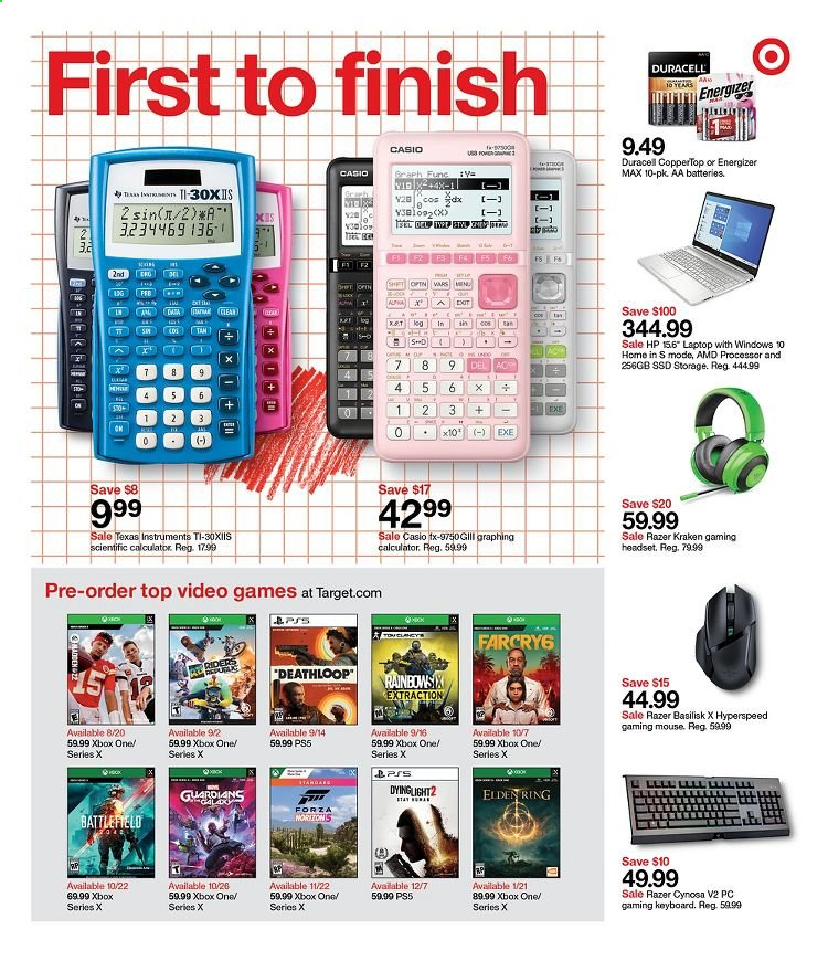 thumbnail - Target Flyer - 07/25/2021 - 07/31/2021 - Sales products - gaming keyboard, gaming mouse, Razer, gaming headset, Hewlett Packard, Target, calculator, Duracell, Energizer, aa batteries, mouse, Casio, laptop, keyboard, Xbox One, PlayStation, Xbox, PlayStation 5, headset. Page 29.