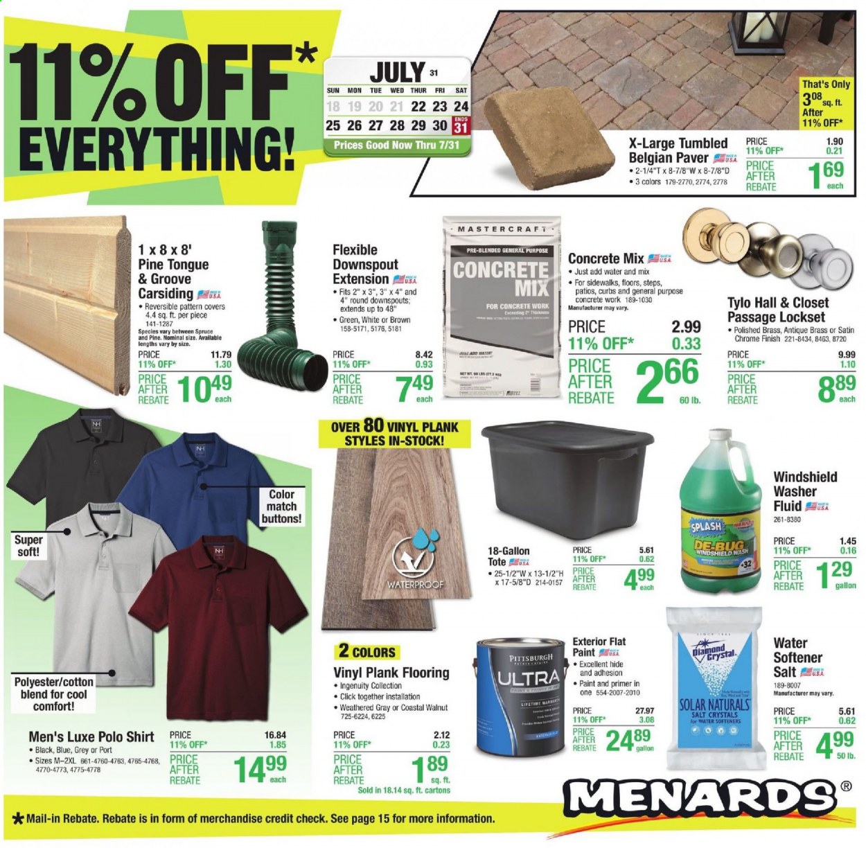 thumbnail - Menards Flyer - 07/22/2021 - 07/31/2021 - Sales products - gallon, closet system, tote, paint, flooring, vinyl, concrete mix, lockset, water softener, washer fluid. Page 1.