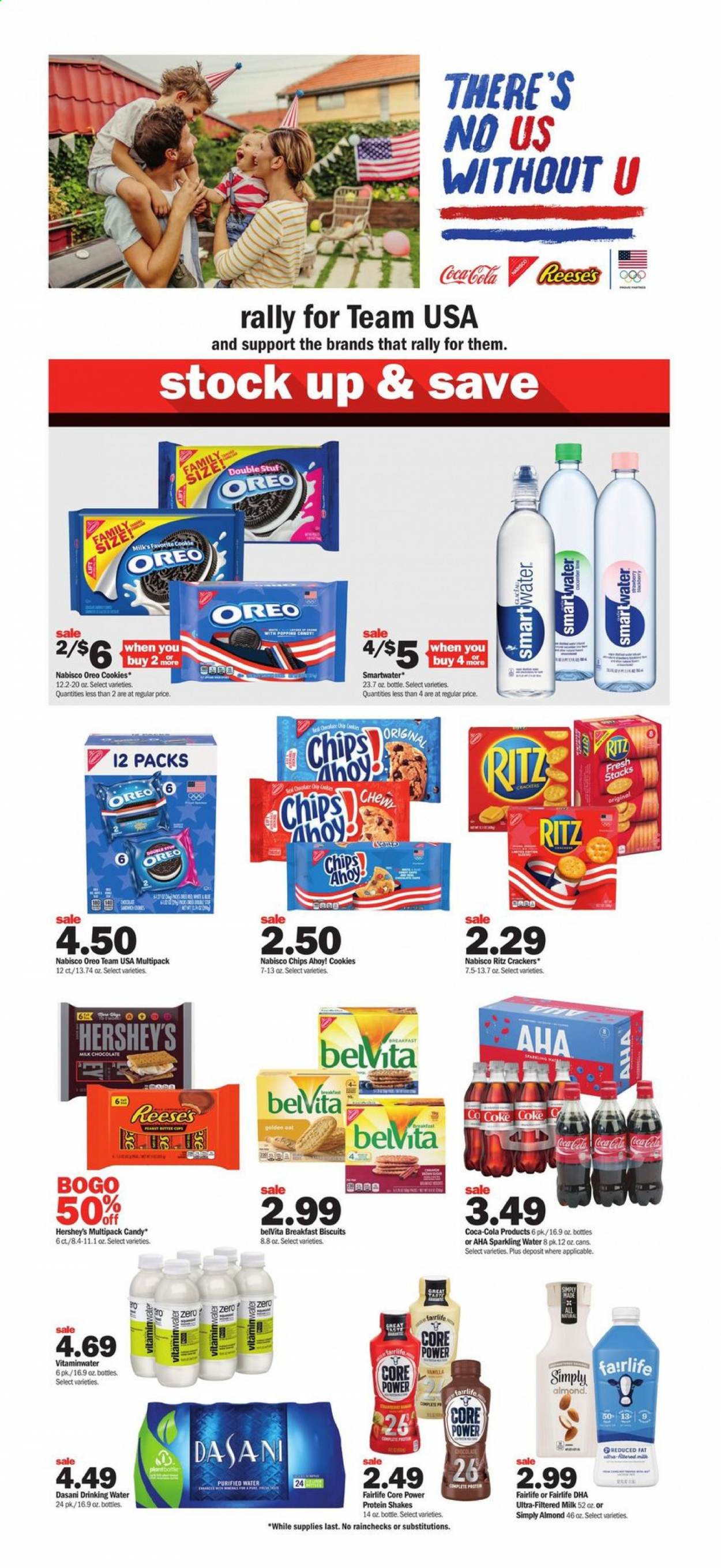 thumbnail - Meijer Flyer - 07/25/2021 - 07/31/2021 - Sales products - Oreo, protein drink, Core Power, shake, Reese's, Hershey's, cookies, milk chocolate, chocolate, crackers, biscuit, Chips Ahoy!, RITZ, chips, belVita, Coca-Cola, sparkling water, Smartwater, hat. Page 5.