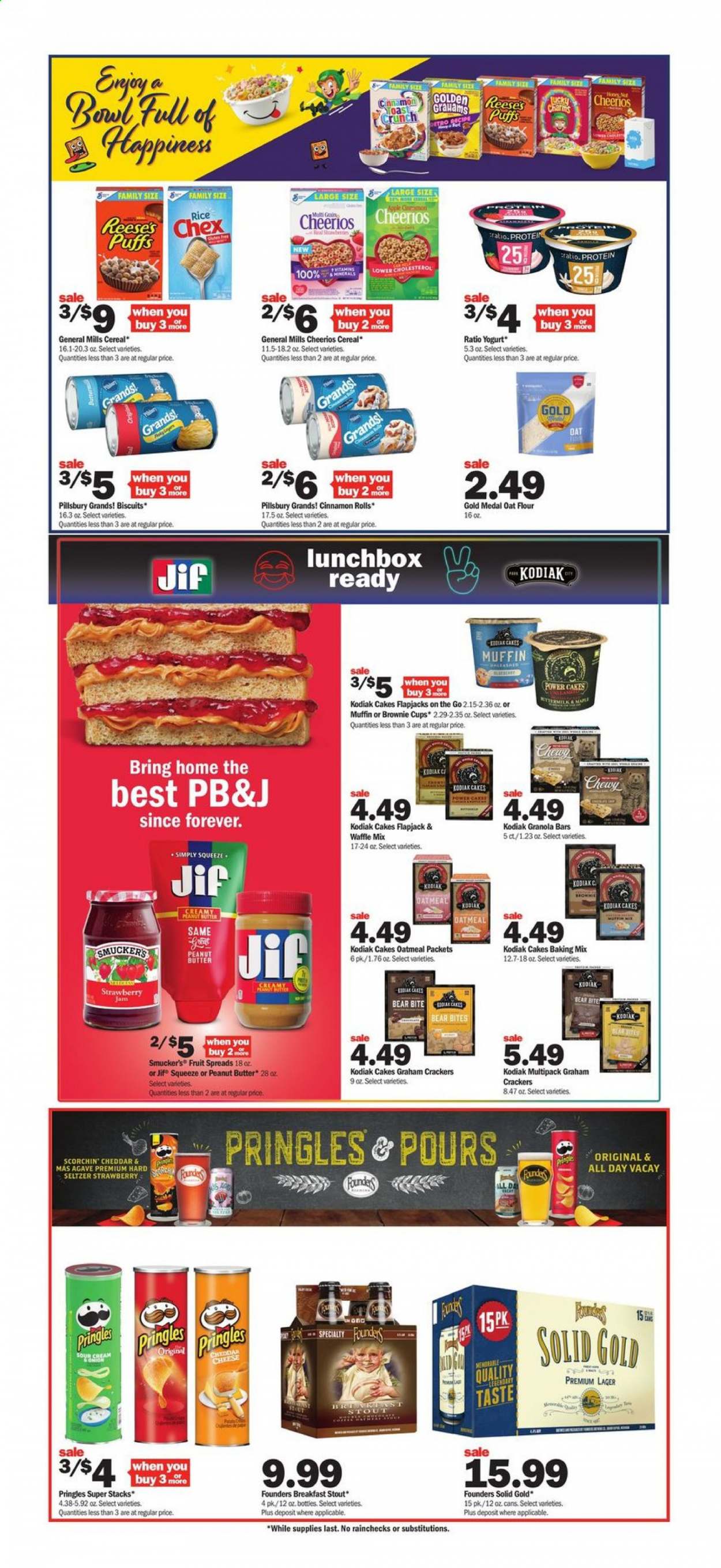 thumbnail - Meijer Flyer - 07/25/2021 - 07/31/2021 - Sales products - cake, cinnamon roll, puffs, brownies, Pillsbury, cheddar, cheese, yoghurt, sour cream, Reese's, graham crackers, crackers, biscuit, Parle, Pringles, flour, oatmeal, oats, strawberry jam, cereals, Cheerios, granola bar, rice, fruit jam, peanut butter, Jif, Hard Seltzer, beer, Lager, Gain, cup, meal box. Page 7.