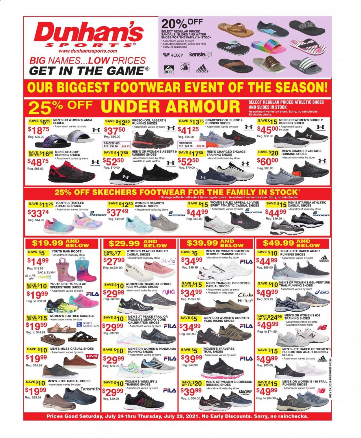 thumbnail - Dunham's Sports Flyer - 07/24/2021 - 07/29/2021 - Sales products - Adidas, boots, Fila, sandals, shoes, slides, Under Armour, hiking shoes, HI-TEC, Nike, rain boots, Skechers, Saucony, athletic shoes, Ryka, water shoes, Roxy, running shoes, cleats. Page 1.