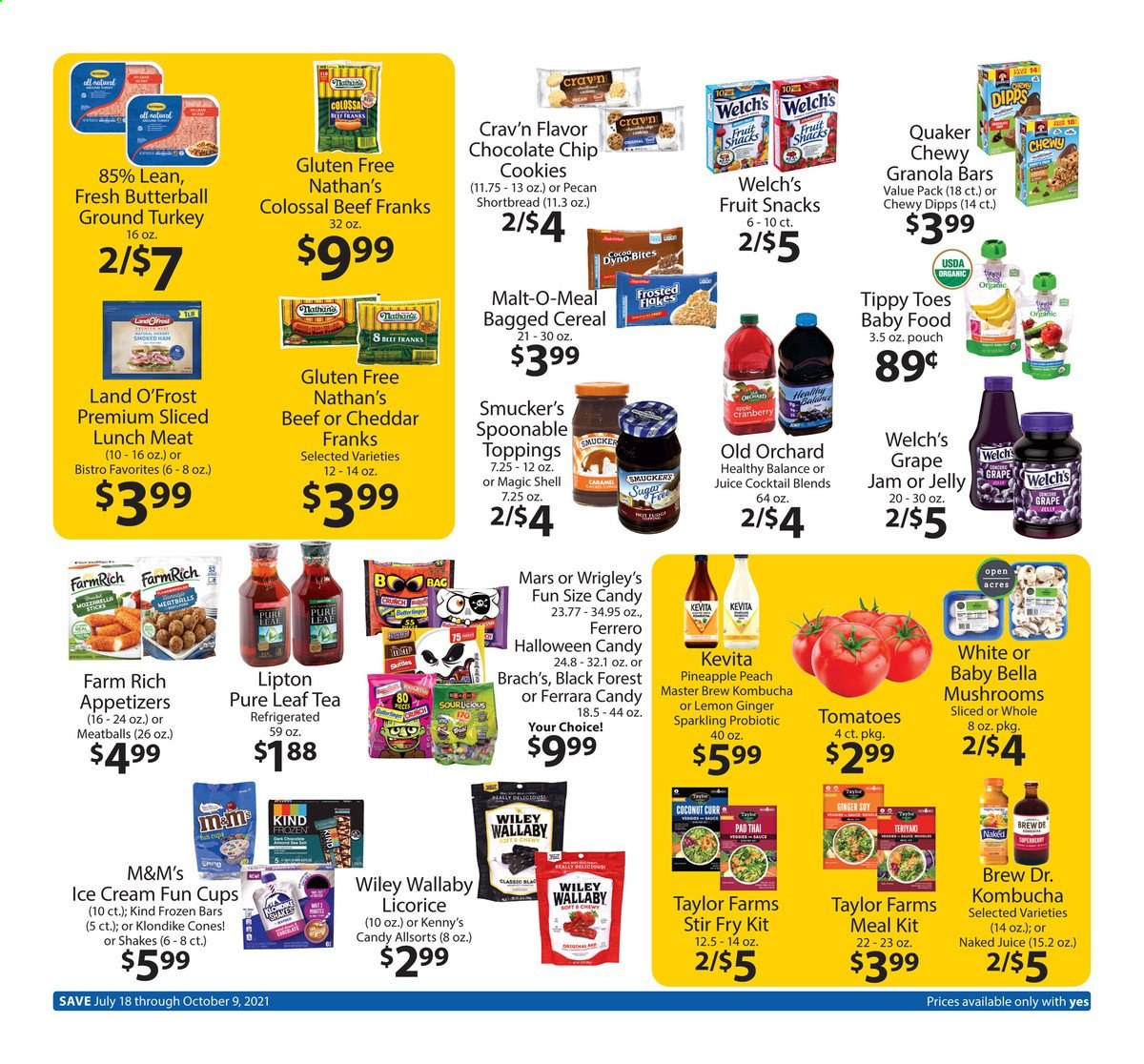 thumbnail - Family Fare Flyer - 07/18/2021 - 10/09/2021 - Sales products - mushrooms, ginger, tomatoes, pineapple, coconut, Welch's, meatballs, Quaker, Butterball, lunch meat, shake, ice cream, cookies, chocolate chips, Ferrero Rocher, Mars, jelly, M&M's, fruit snack, sugar, cereals, granola bar, Frosted Flakes, caramel, fruit jam, juice, Lipton, kombucha, KeVita, tea, Pure Leaf, ground turkey, cup. Page 2.