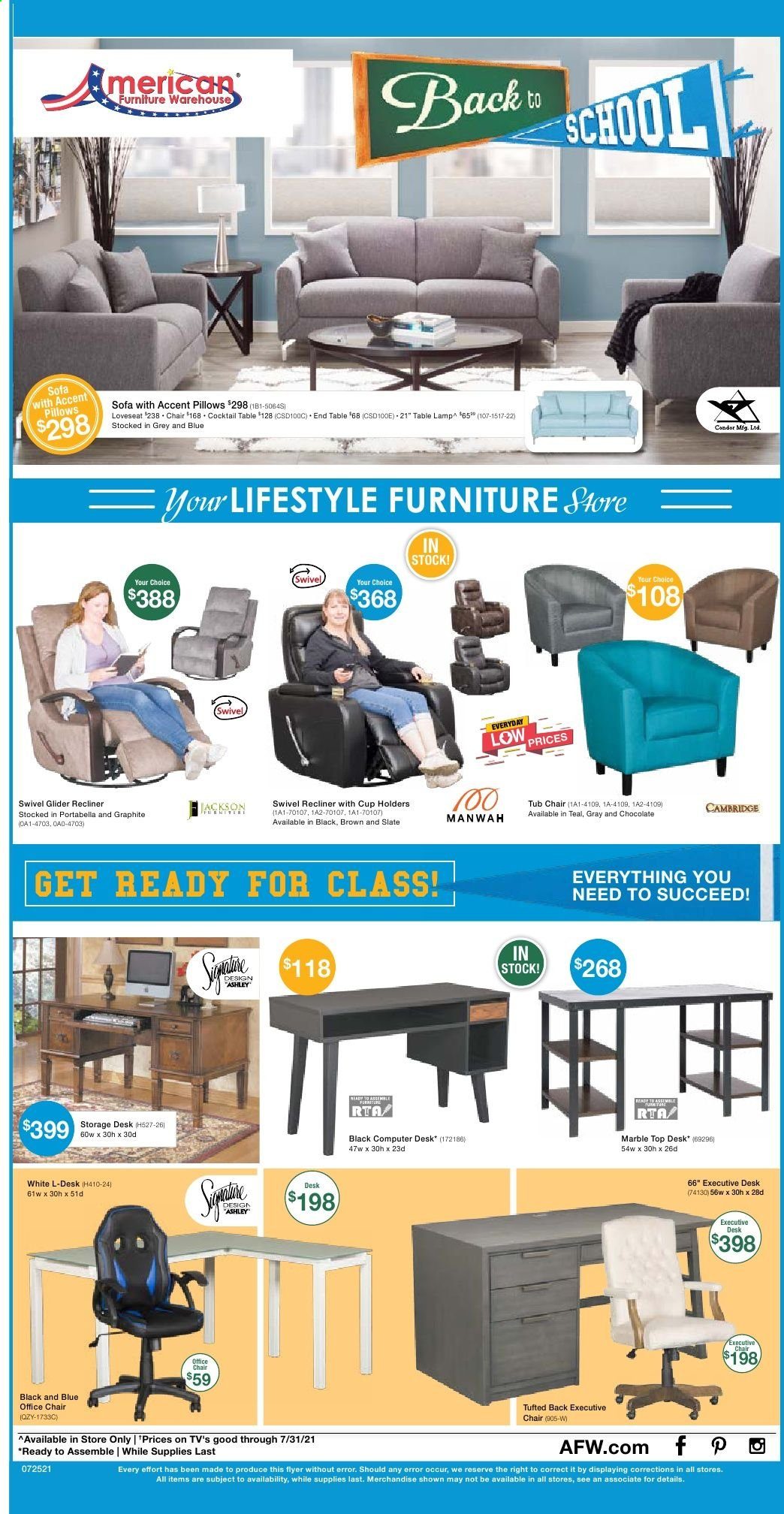 thumbnail - American Furniture Warehouse Flyer - 07/25/2021 - 07/31/2021 - Sales products - chair, loveseat, sofa, recliner chair, end table, office chair, pillow. Page 1.