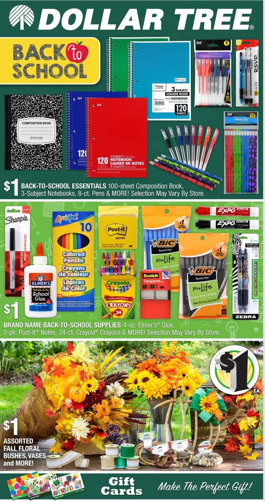 thumbnail - Dollar Tree Flyer - 07/25/2021 - 08/14/2021 - Sales products - BIC, crayons, glue, pen, deco strips, pencil, Post-It, Sharpie, vase. Page 1.