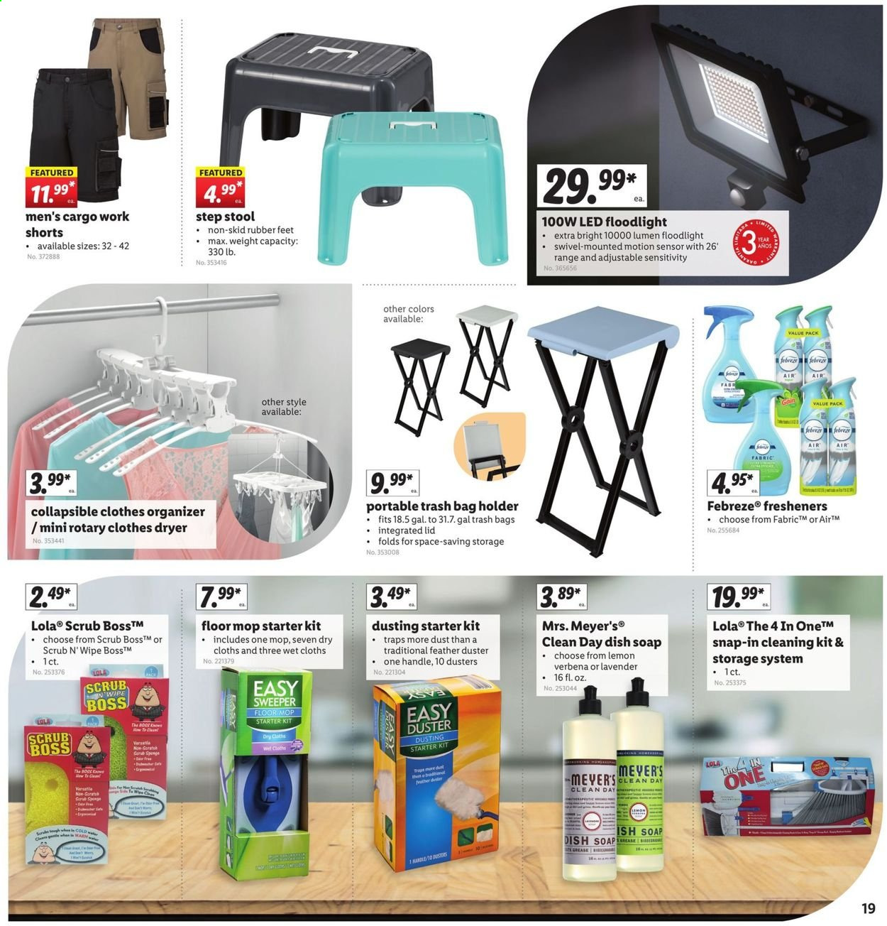 thumbnail - Lidl Flyer - 07/28/2021 - 08/03/2021 - Sales products - Febreze, trash bags, holder, mop, duster, soap dish, lid, stool, shorts, step stool, floodlight. Page 19.