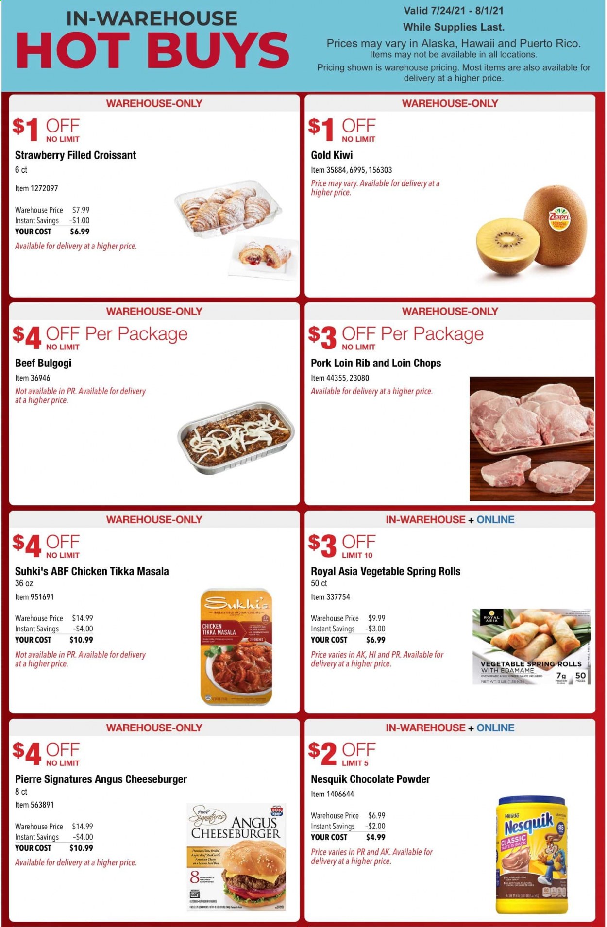 thumbnail - Costco Flyer - 07/24/2021 - 08/01/2021 - Sales products - croissant, kiwi, cheeseburger, spring rolls, Tikka Masala, croissant sandwich, Nesquik, Nestlé, chocolate, pork loin, pork meat, oven. Page 1.