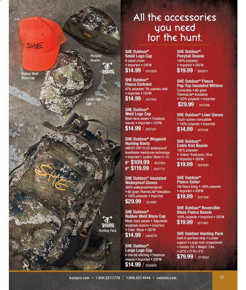 thumbnail - Bass Pro Shops Flyer - Sales products - boots, hunting boots, beanie, gloves. Page 57.