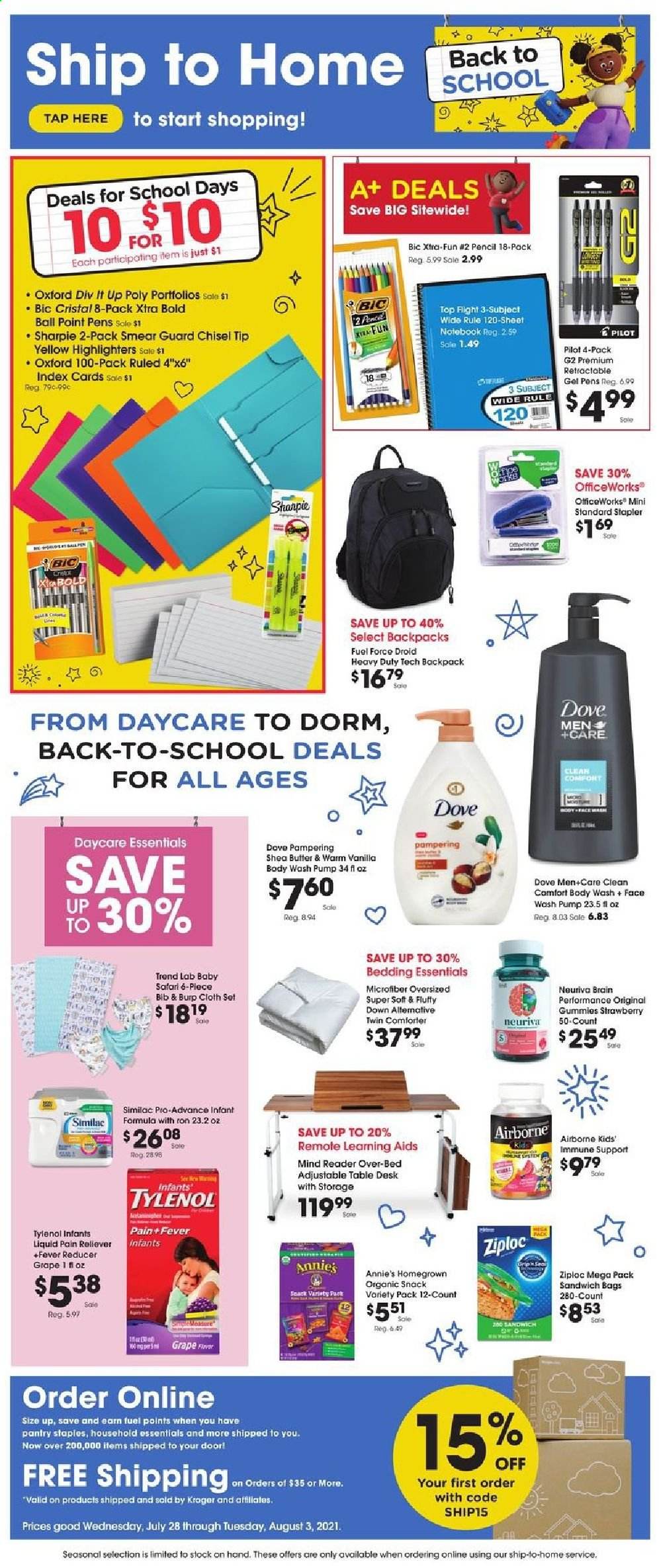 thumbnail - Ralphs Flyer - 07/28/2021 - 08/03/2021 - Sales products - Annie's, snack, Similac, XTRA, body wash, Dove, shea butter, BIC, Ziploc, stapler, pencil, Pilot, Sharpie, backpack, bag, Tylenol. Page 1.