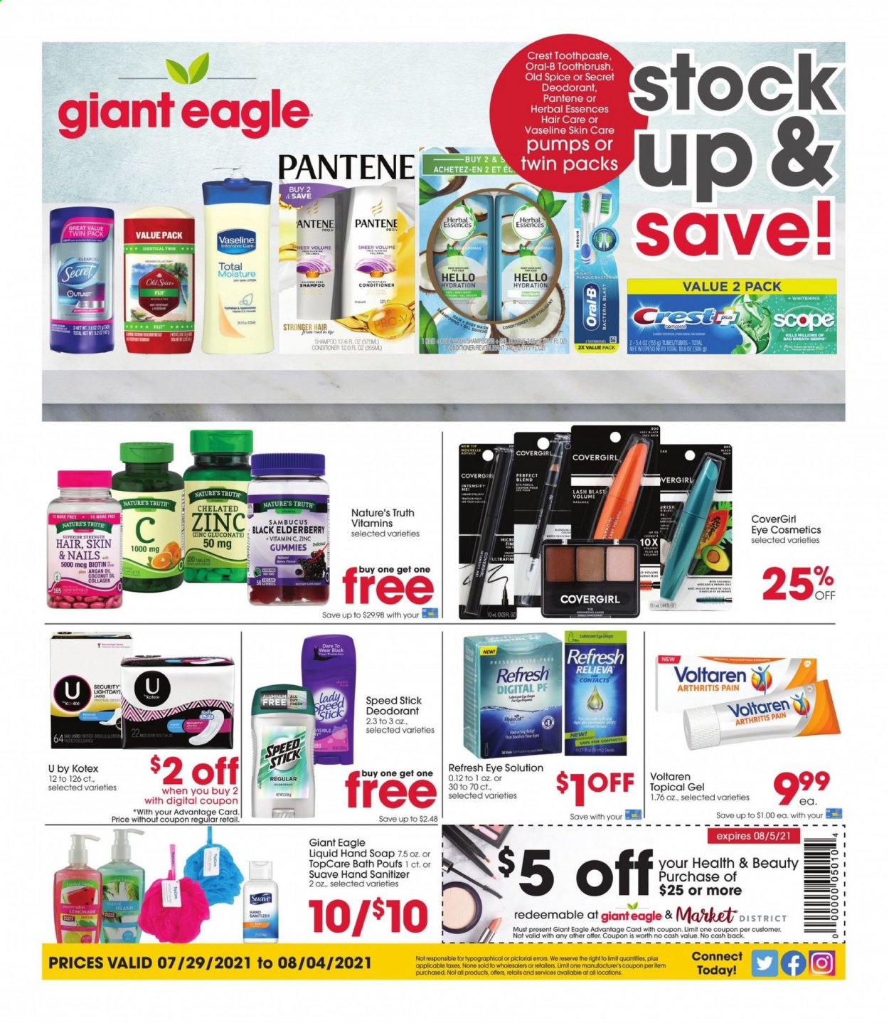thumbnail - Giant Eagle Flyer - 07/29/2021 - 08/04/2021 - Sales products - spice, L'Or, shampoo, Suave, hand soap, Old Spice, Vaseline, soap, toothbrush, Oral-B, toothpaste, Crest, Kotex, conditioner, Pantene, Herbal Essences, anti-perspirant, Speed Stick, deodorant, hand sanitizer, Biotin, Nature's Truth, vitamin c, argan oil, zinc. Page 1.