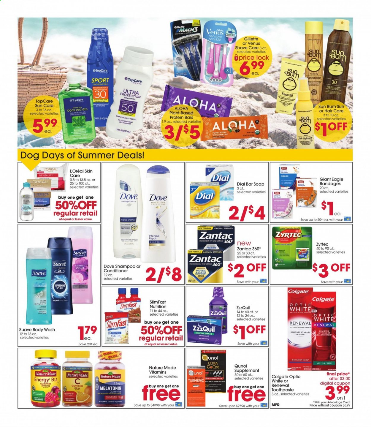 thumbnail - Giant Eagle Flyer - 07/29/2021 - 08/04/2021 - Sales products - Slimfast, chocolate chips, protein bar, turmeric, Dove, body wash, Suave, soap bar, Dial, soap, Colgate, toothpaste, L’Oréal, conditioner, sun lotion, Gillette, Venus, Melatonin, Nature Made, Qunol, Zantac, Zyrtec, ZzzQuil. Page 2.