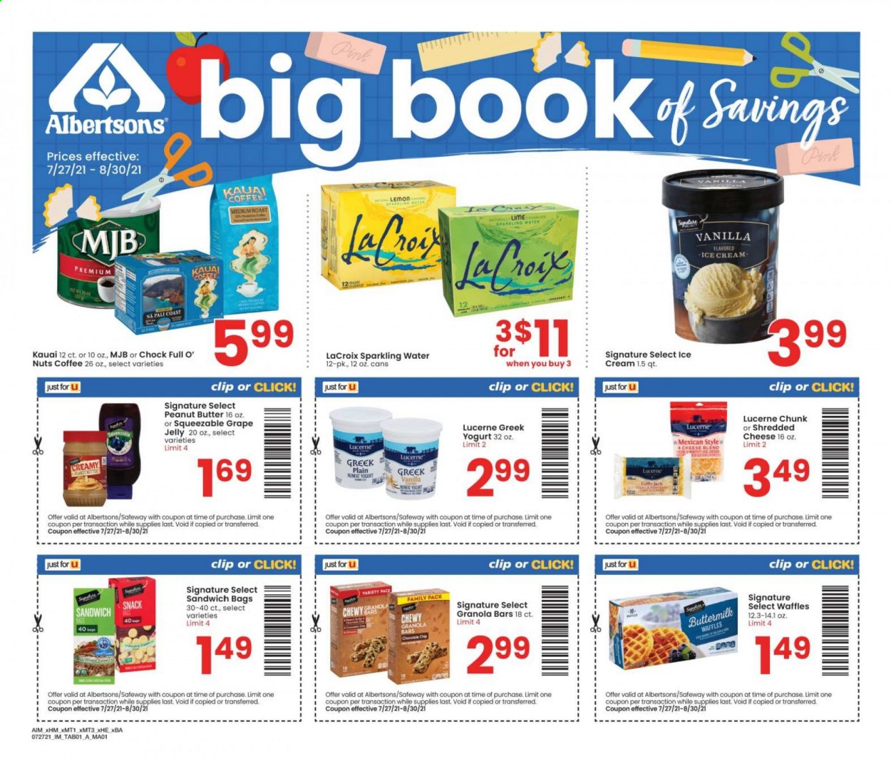 thumbnail - Albertsons Flyer - 07/27/2021 - 08/30/2021 - Sales products - waffles, shredded cheese, yoghurt, buttermilk, ice cream, snack, jelly, granola bar, grape jelly, peanut butter, sparkling water, coffee. Page 1.