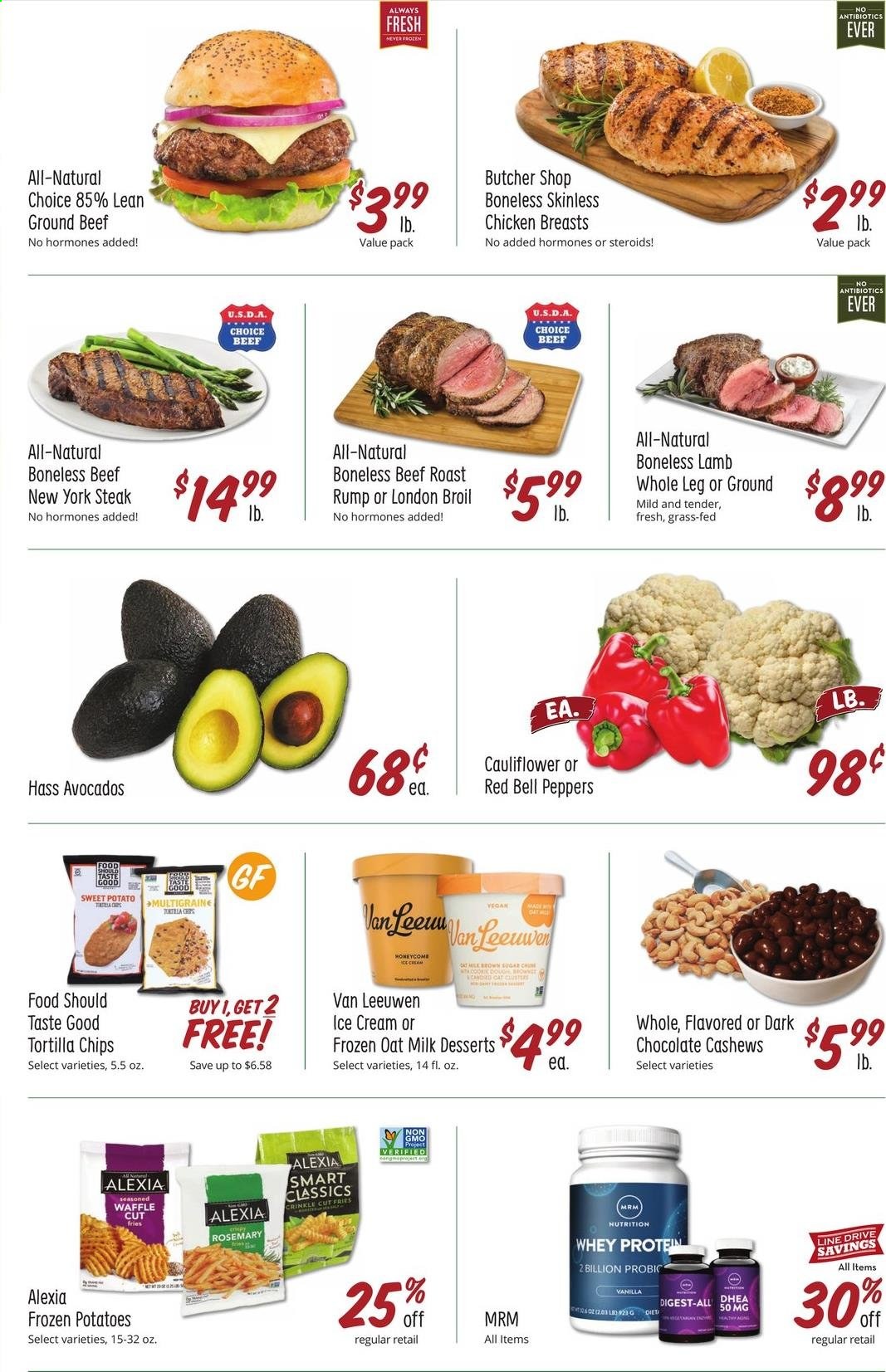 thumbnail - Sprouts Flyer - 07/28/2021 - 08/03/2021 - Sales products - bell peppers, potatoes, peppers, avocado, milk, oat milk, ice cream, potato fries, tortilla chips, sugar, rosemary, cashews, chicken breasts, beef meat, ground beef, steak, roast beef, whey protein. Page 2.