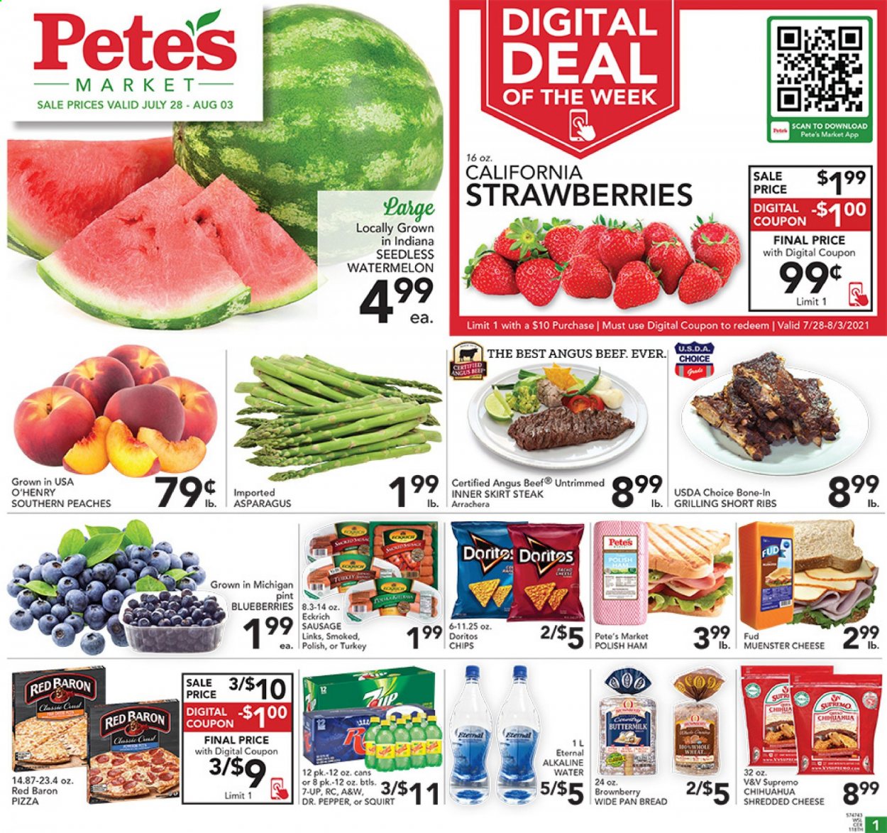 thumbnail - Pete's Fresh Market Flyer - 07/28/2021 - 08/03/2021 - Sales products - bread, asparagus, blueberries, strawberries, watermelon, pizza, ham, sausage, shredded cheese, Münster cheese, buttermilk, Red Baron, Doritos, chips, Dr. Pepper, 7UP, A&W, alkaline water, beef meat, steak, peaches. Page 1.
