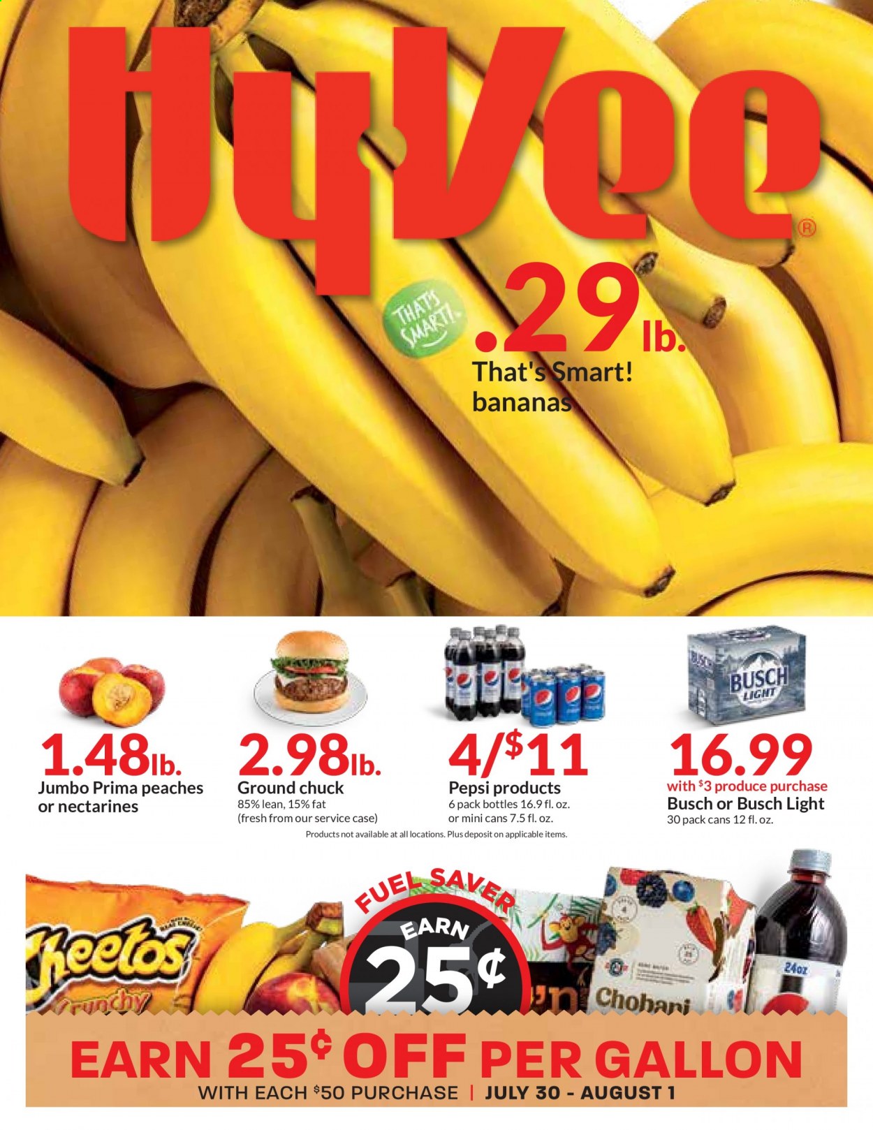 thumbnail - Hy-Vee Flyer - 07/28/2021 - 08/03/2021 - Sales products - bananas, Pepsi, beer, Busch, ground chuck, gallon, nectarines, peaches. Page 1.
