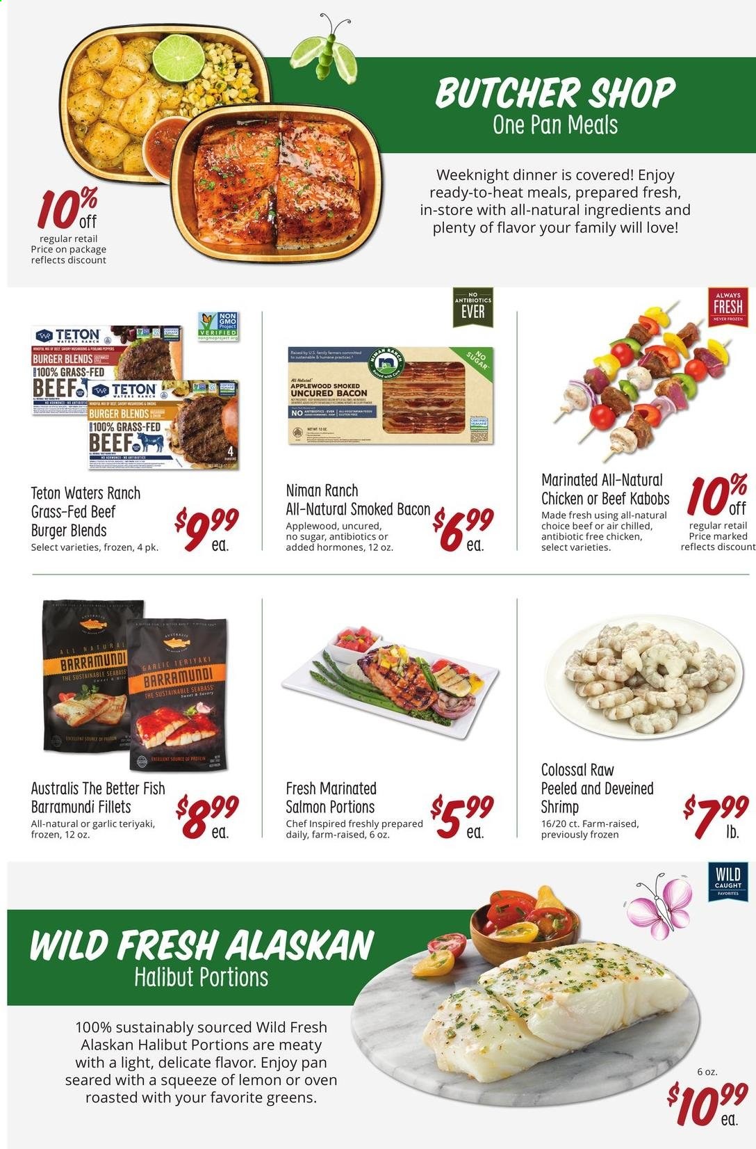 thumbnail - Sprouts Flyer - 07/28/2021 - 08/24/2021 - Sales products - garlic, barramundi, salmon, halibut, fish, shrimps, hamburger, bacon, Plenty. Page 21.