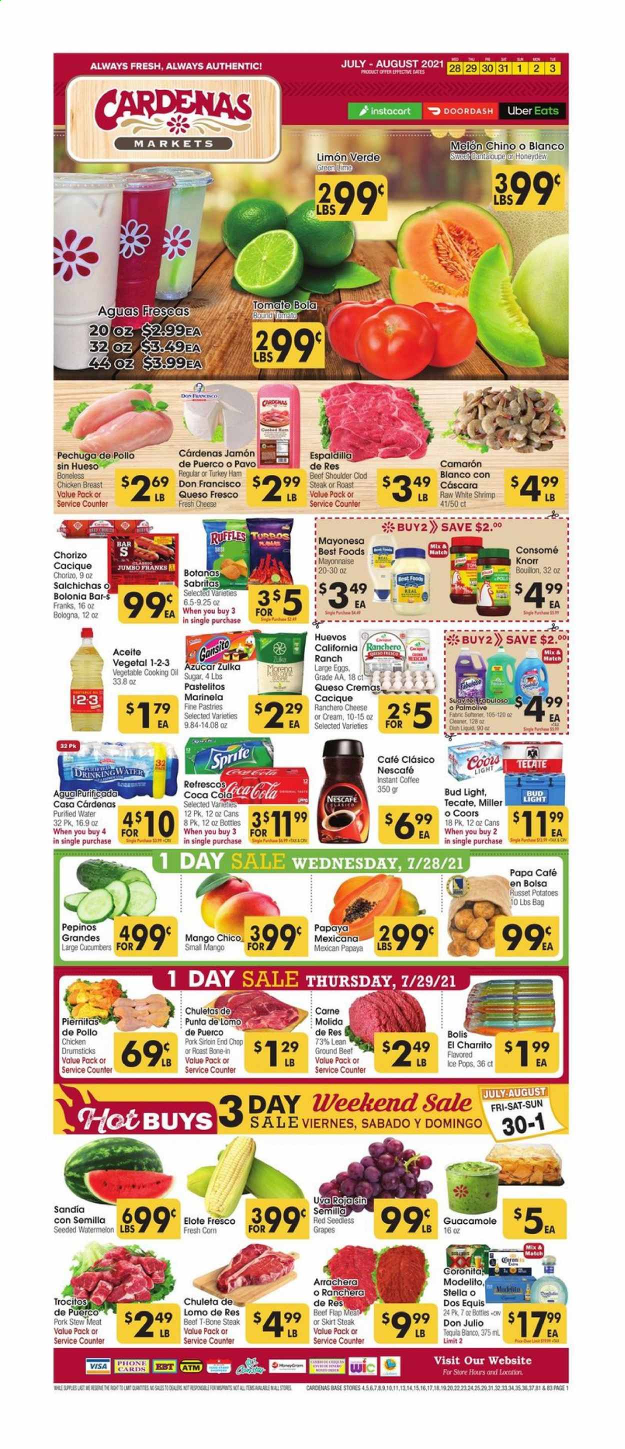 thumbnail - Cardenas Flyer - 07/28/2021 - 08/03/2021 - Sales products - stew meat, seedless grapes, cantaloupe, corn, cucumber, russet potatoes, potatoes, grapes, mango, watermelon, honeydew, papaya, shrimps, Knorr, ham, chorizo, guacamole, queso fresco, large eggs, mayonnaise, Ruffles, bouillon, sugar, Coca-Cola, purified water, instant coffee, Nescafé, tequila, beer, Coors, Dos Equis, Bud Light, Miller, chicken breasts, beef meat, ground beef, t-bone steak, steak, pork loin, cleaner, fabric softener, Palmolive, melons. Page 1.