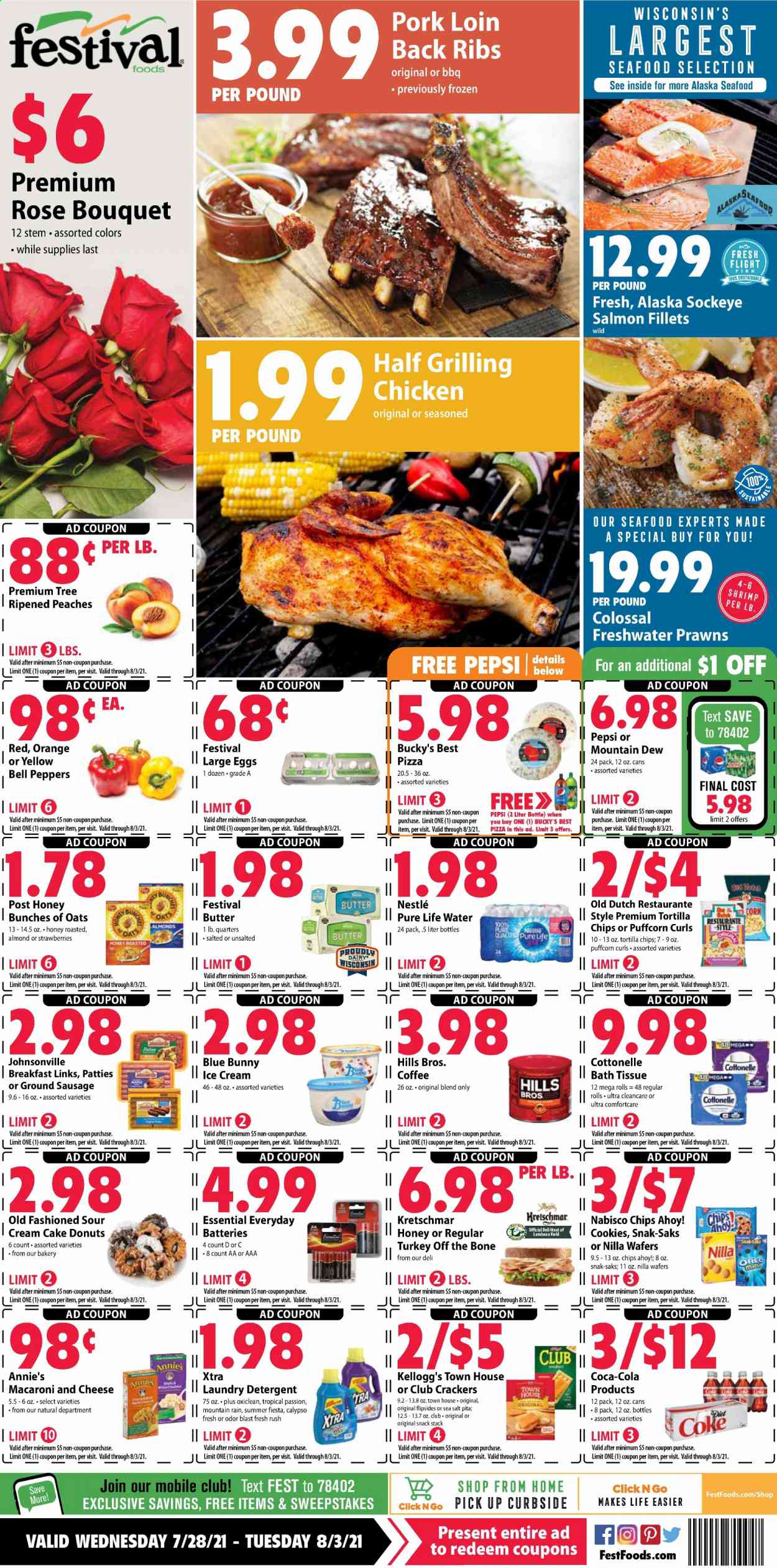 thumbnail - Festival Foods Flyer - 07/28/2021 - 08/03/2021 - Sales products - pita, cake, donut, bell peppers, corn, peppers, strawberries, oranges, salmon, salmon fillet, seafood, prawns, shrimps, macaroni & cheese, pizza, Annie's, Johnsonville, sausage, Oreo, large eggs, butter, ice cream, Blue Bunny, cookies, Nestlé, wafers, snack, crackers, Kellogg's, Chips Ahoy!, tortilla chips, Coca-Cola, Mountain Dew, Pepsi, Pure Life Water, coffee, wine, rosé wine, pork loin, pork meat, bath tissue, Cottonelle, detergent, OxiClean, laundry detergent, XTRA, peaches. Page 1.