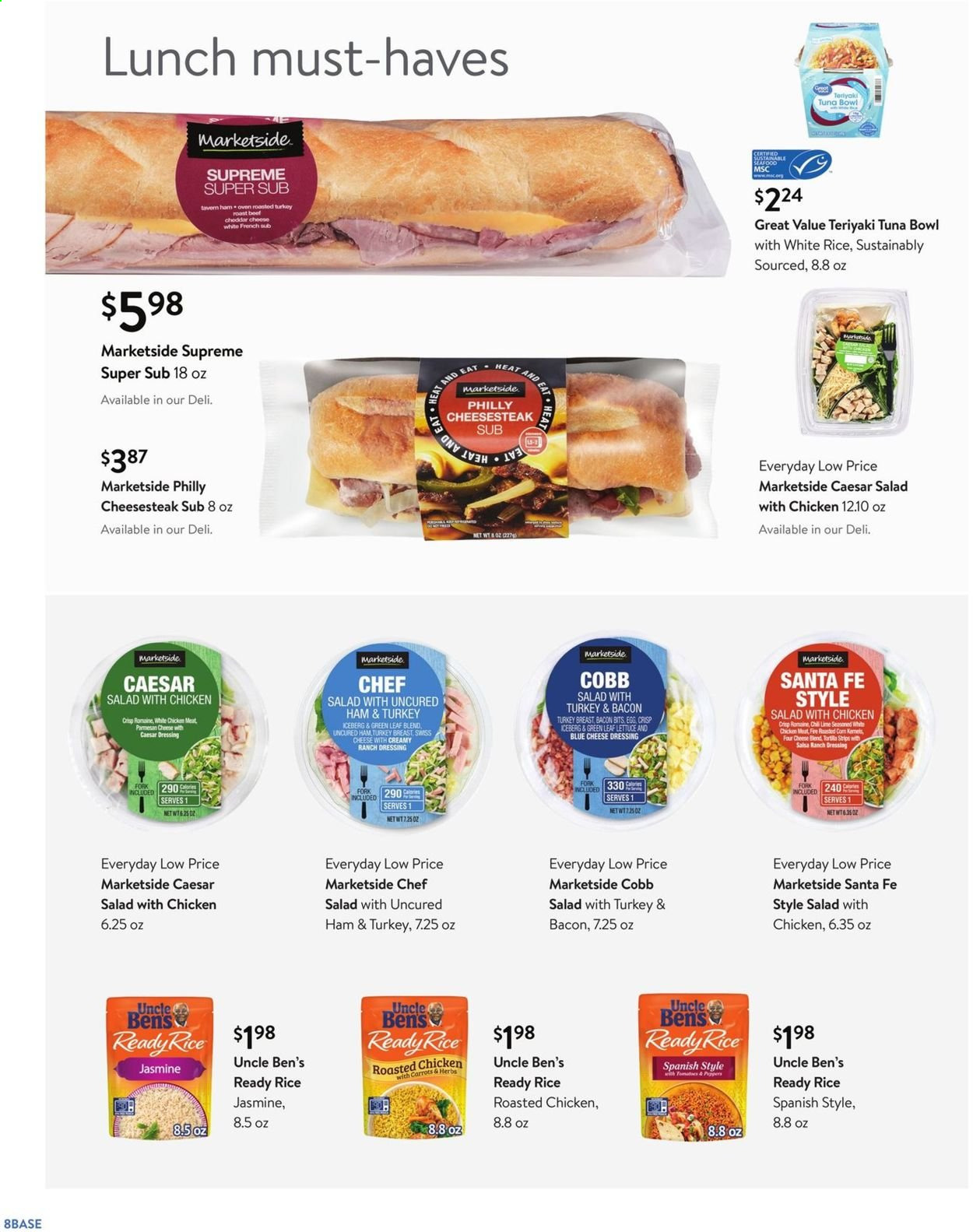 thumbnail - Walmart Flyer - 07/28/2021 - 08/31/2021 - Sales products - lettuce, turkey breast, turkey roast, beef meat, roast beef, tuna, chicken roast, uncured ham, ham, chicken salad, swiss cheese, parmesan, eggs, ranch dressing, bacon bits, Uncle Ben's, white rice, blue cheese dressing, caesar dressing, dressing, salsa, fork, bowl. Page 8.