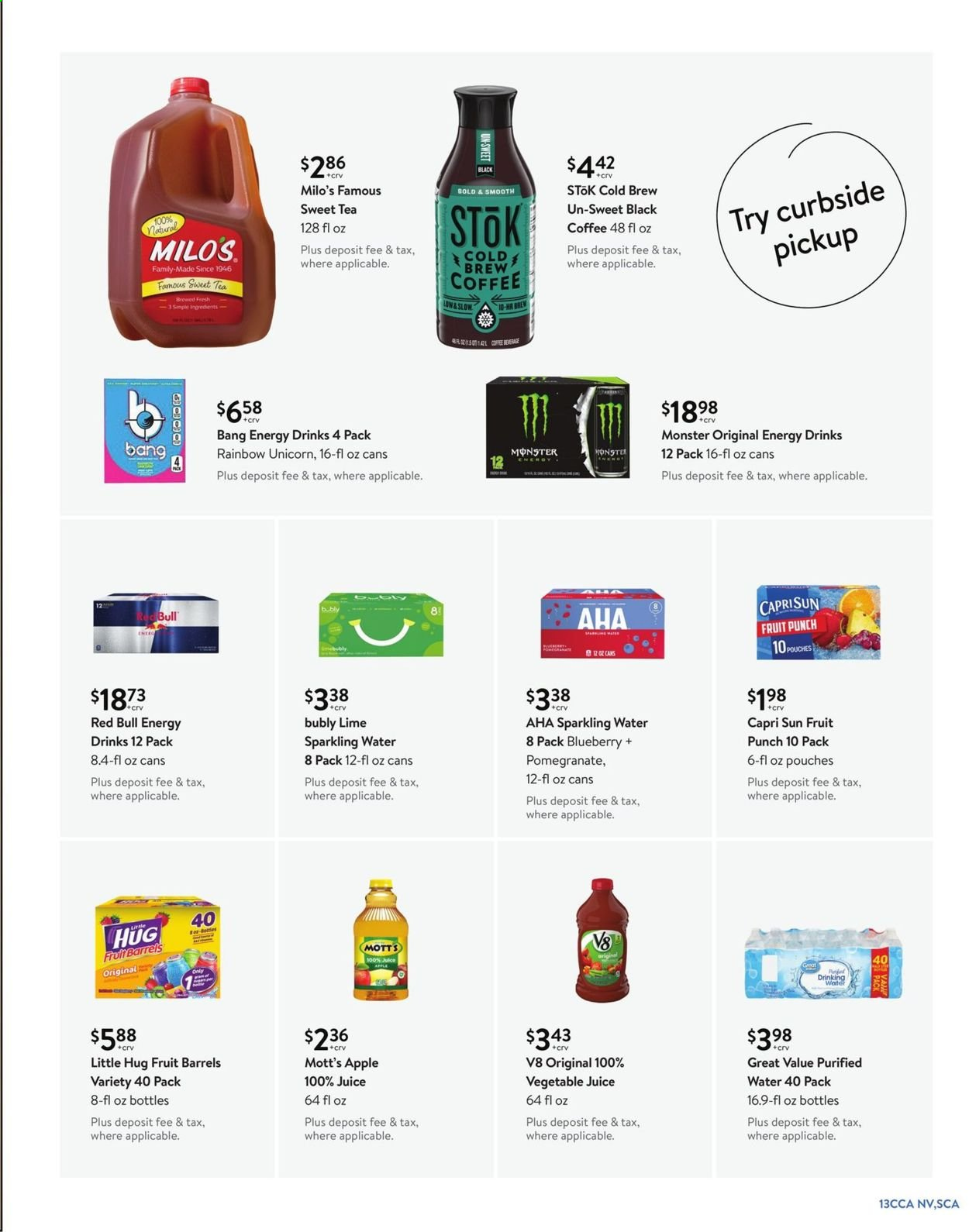 thumbnail - Walmart Flyer - 07/28/2021 - 08/31/2021 - Sales products - Mott's, Capri Sun, juice, energy drink, Monster, Red Bull, Milo's, vegetable juice, fruit punch, sparkling water, tea, coffee, pomegranate. Page 13.