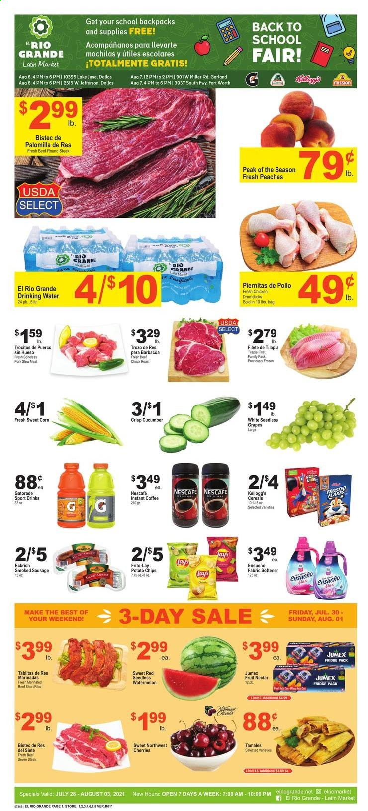 thumbnail - El Rio Grande Flyer - 07/28/2021 - 08/03/2021 - Sales products - stew meat, seedless grapes, corn, sweet corn, grapes, watermelon, cherries, tilapia, sausage, smoked sausage, Kellogg's, Lay’s, Frito-Lay, cereals, fruit nectar, Gatorade, instant coffee, Nescafé, Miller, chicken drumsticks, beef meat, beef ribs, steak, round steak, marinated beef, peaches. Page 1.