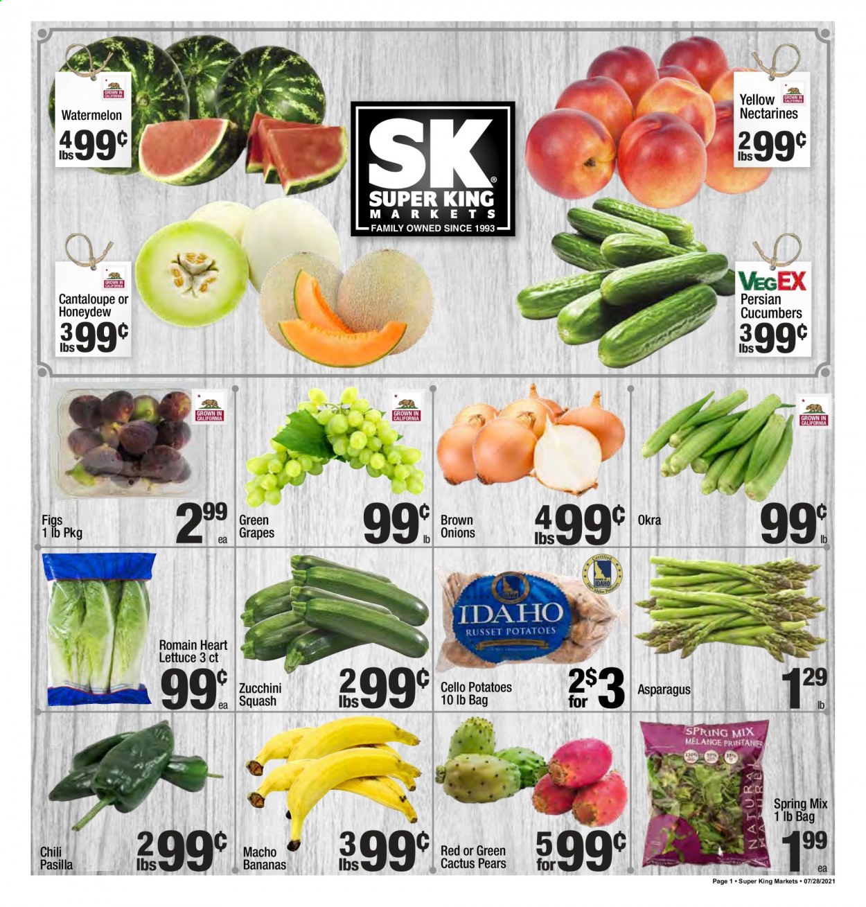 thumbnail - Super King Markets Flyer - 07/28/2021 - 08/03/2021 - Sales products - asparagus, cantaloupe, cucumber, russet potatoes, zucchini, potatoes, okra, onion, lettuce, bananas, figs, grapes, watermelon, honeydew, pears, nectarines, pasilla. Page 1.
