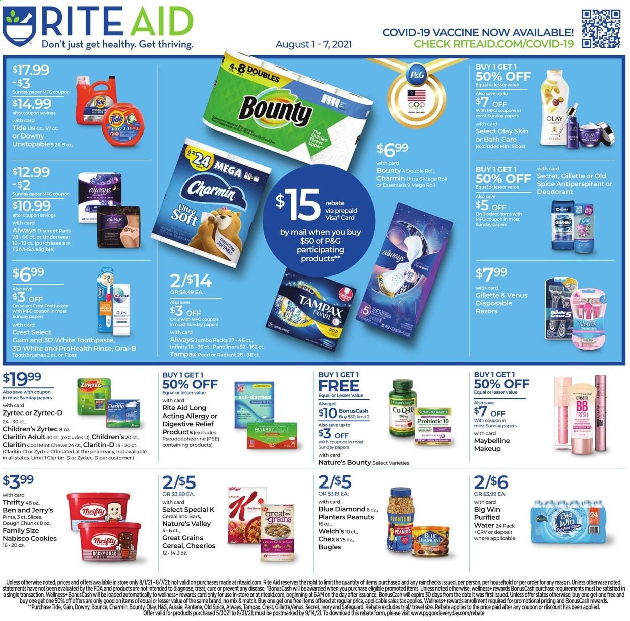 thumbnail - RITE AID Flyer - 08/01/2021 - 08/07/2021 - Sales products - Welch's, cookies, chewing gum, Digestive, cereals, Cheerios, spice, peanuts, Planters, Blue Diamond, purified water, Charmin, Gain, Tide, Unstopables, Bounce, Old Spice, Oral-B, toothpaste, Crest, Tampax, pantiliners, sanitary pads, Always Discreet, Olay, Infinity, Aussie, Head & Shoulders, Pantene, Brite, anti-perspirant, deodorant, Gillette, Venus, makeup, Maybelline, Nature's Bounty, Zyrtec. Page 1.