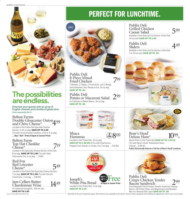 thumbnail - Publix Flyer - 07/29/2021 - 08/04/2021 - Sales products - pita, brioche, onion, coleslaw, sandwich, bacon, ham, hummus, macaroni salad, american cheese, Red Leicester, swiss cheese, cheese, butter, mayonnaise, snack, crackers, dill pickle, chips, popcorn, baked beans, dill, mustard, Cabernet Sauvignon, Chardonnay, wine. Page 8.
