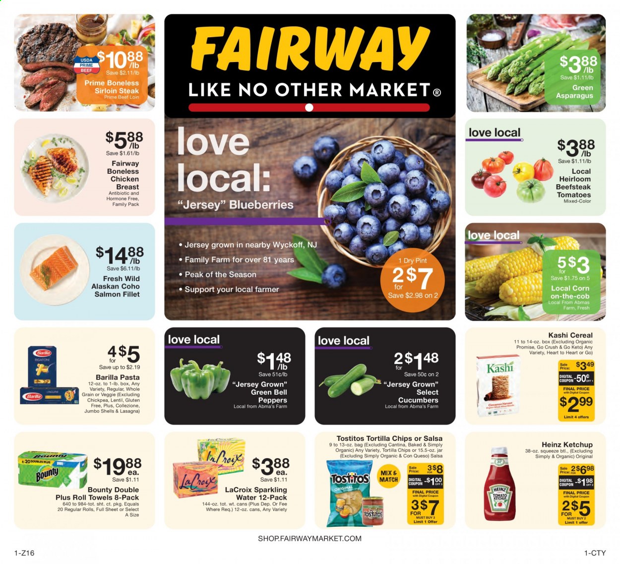 thumbnail - Fairway Market Flyer - 07/30/2021 - 08/05/2021 - Sales products - asparagus, bell peppers, corn, cucumber, tomatoes, peppers, blueberries, salmon, salmon fillet, pasta, Barilla, lasagna meal, Bounty, tortilla chips, chips, Tostitos, Heinz, cereals, ketchup, salsa, sparkling water, chicken breasts, beef sirloin, steak, sirloin steak. Page 1.