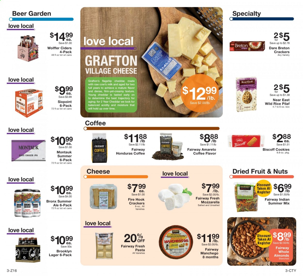 thumbnail - Fairway Market Flyer - 07/30/2021 - 08/05/2021 - Sales products - Manchego, mozzarella, cheddar, cheese, milk, cookies, crackers, rice, almonds, dried fruit, coffee, beer, Lager. Page 3.