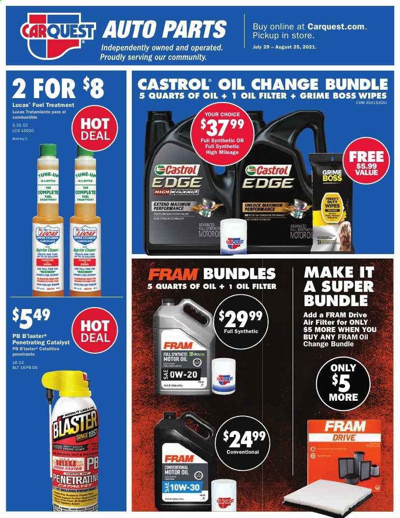 thumbnail - Carquest Flyer - 07/29/2021 - 08/25/2021 - Sales products - air filter, oil filter, Lucas, motor oil, fuel supplement, Castrol, B'laster. Page 1.