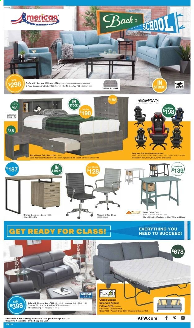 thumbnail - American Furniture Warehouse Flyer - 08/01/2021 - 08/07/2021 - Sales products - chair, sofa, pillow, rug. Page 1.