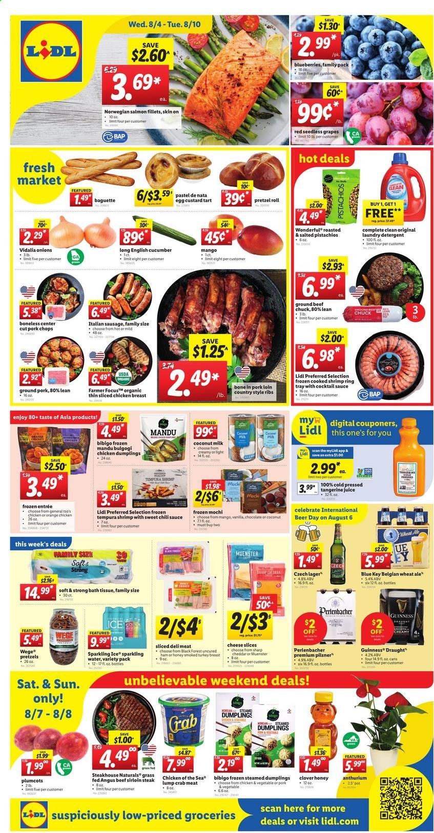 thumbnail - Lidl Flyer - 08/04/2021 - 08/10/2021 - Sales products - seedless grapes, baguette, pretzels, onion, blueberries, grapes, oranges, crab meat, salmon, salmon fillet, crab, shrimps, sauce, dumplings, uncured ham, ham, sausage, italian sausage, sliced cheese, cheddar, cheese, Münster cheese, chocolate, coconut milk, Chicken of the Sea, cocktail sauce, chilli sauce, pistachios, juice, sparkling water, beer, Perlenbacher, Guinness, Lager, chicken breasts, beef meat, beef sirloin, ground beef, steak, sirloin steak, ground pork, pork chops, pork loin, pork meat, pork ribs, country style ribs, bath tissue, detergent, laundry detergent, lid, pot. Page 1.