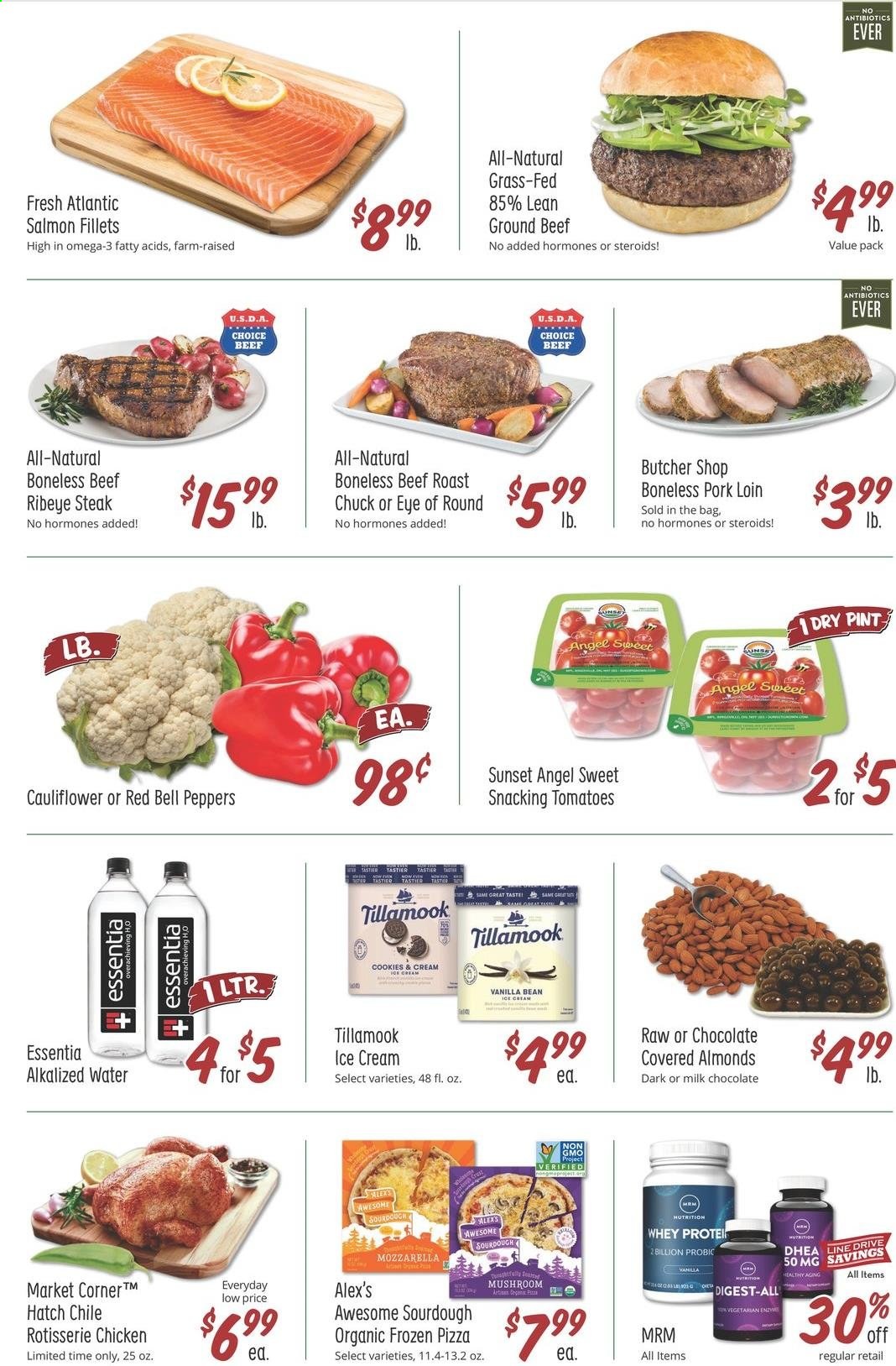 thumbnail - Sprouts Flyer - 08/04/2021 - 08/10/2021 - Sales products - bell peppers, tomatoes, salmon, salmon fillet, pizza, chicken roast, ice cream, cookies, milk chocolate, almonds, beef meat, beef steak, ground beef, steak, eye of round, roast beef, ribeye steak, pork loin, pork meat. Page 2.