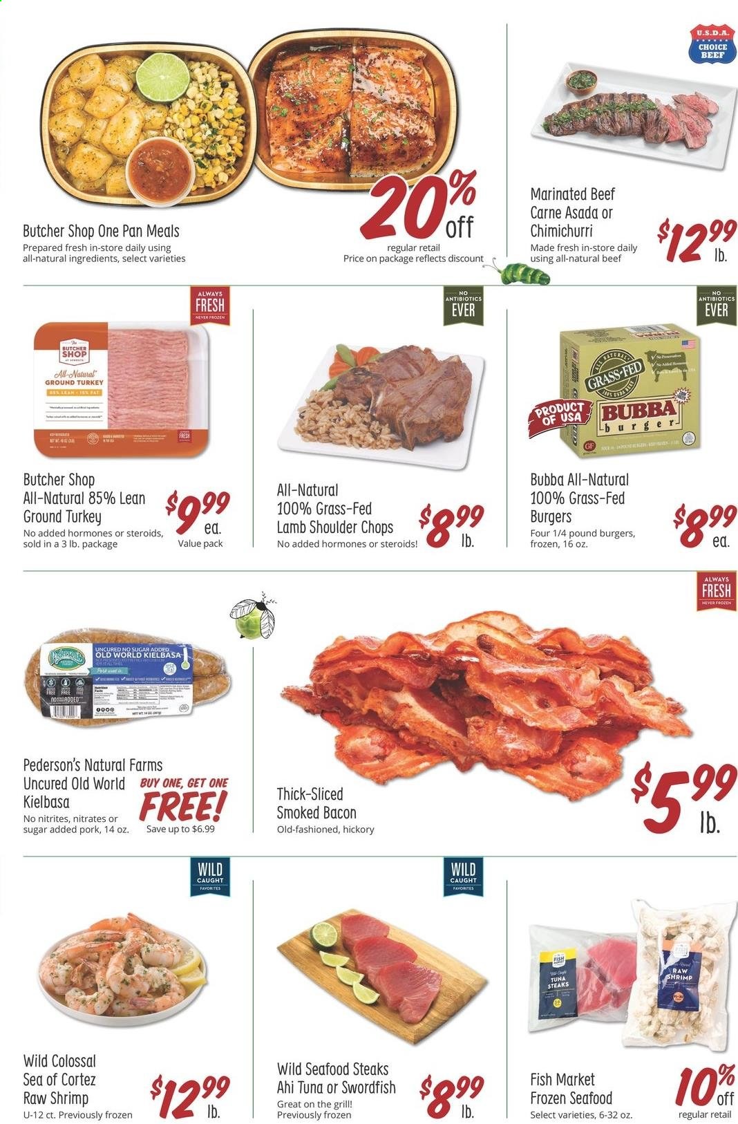 thumbnail - Sprouts Flyer - 08/04/2021 - 08/10/2021 - Sales products - swordfish, tuna, seafood, shrimps, hamburger, bacon, sausage, kielbasa, ground turkey, steak, marinated beef, lamb meat, lamb shoulder. Page 4.
