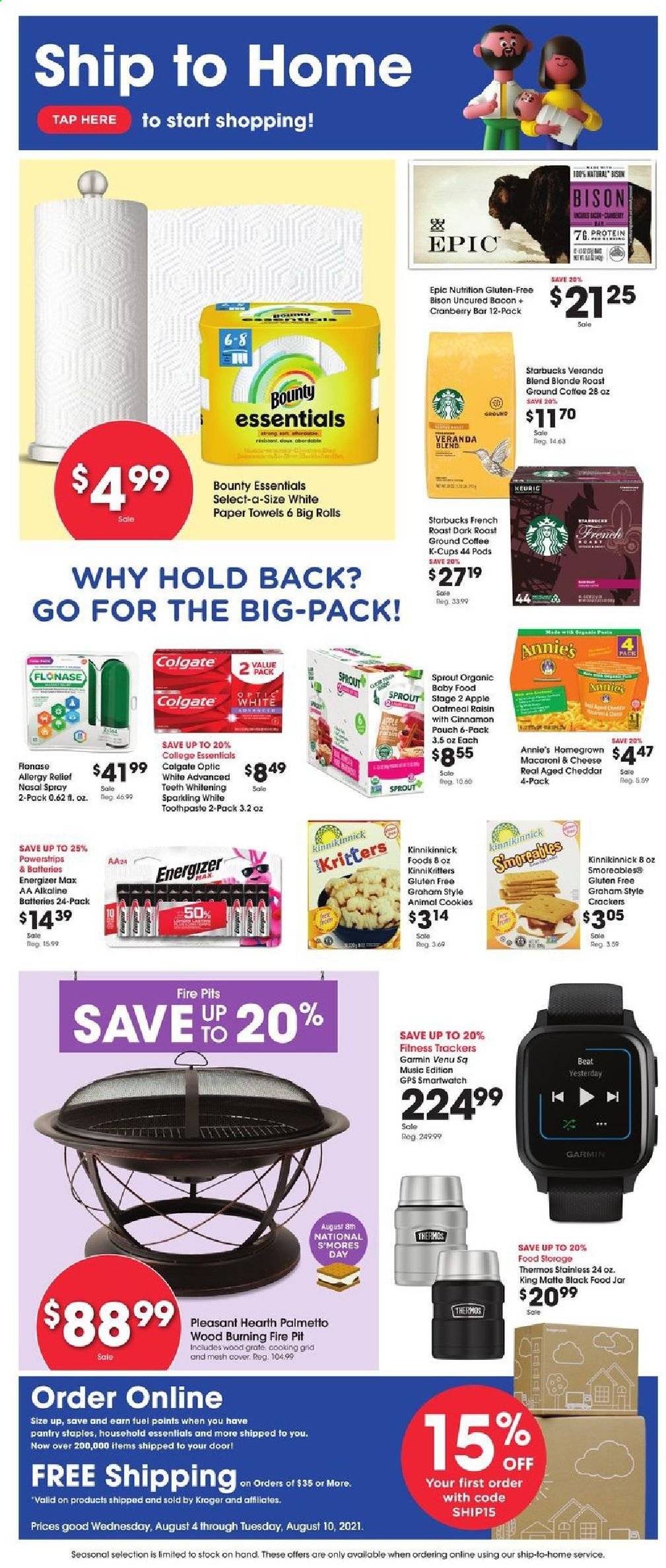 thumbnail - Fry’s Flyer - 08/04/2021 - 08/10/2021 - Sales products - macaroni & cheese, Annie's, bacon, cookies, Bounty, crackers, oatmeal, coffee, Starbucks, ground coffee, coffee capsules, K-Cups, Keurig, organic baby food, kitchen towels, paper towels, Colgate, toothpaste, jar, Energizer, alkaline batteries, Garmin, smart watch, AEG, nasal spray, allergy relief. Page 9.
