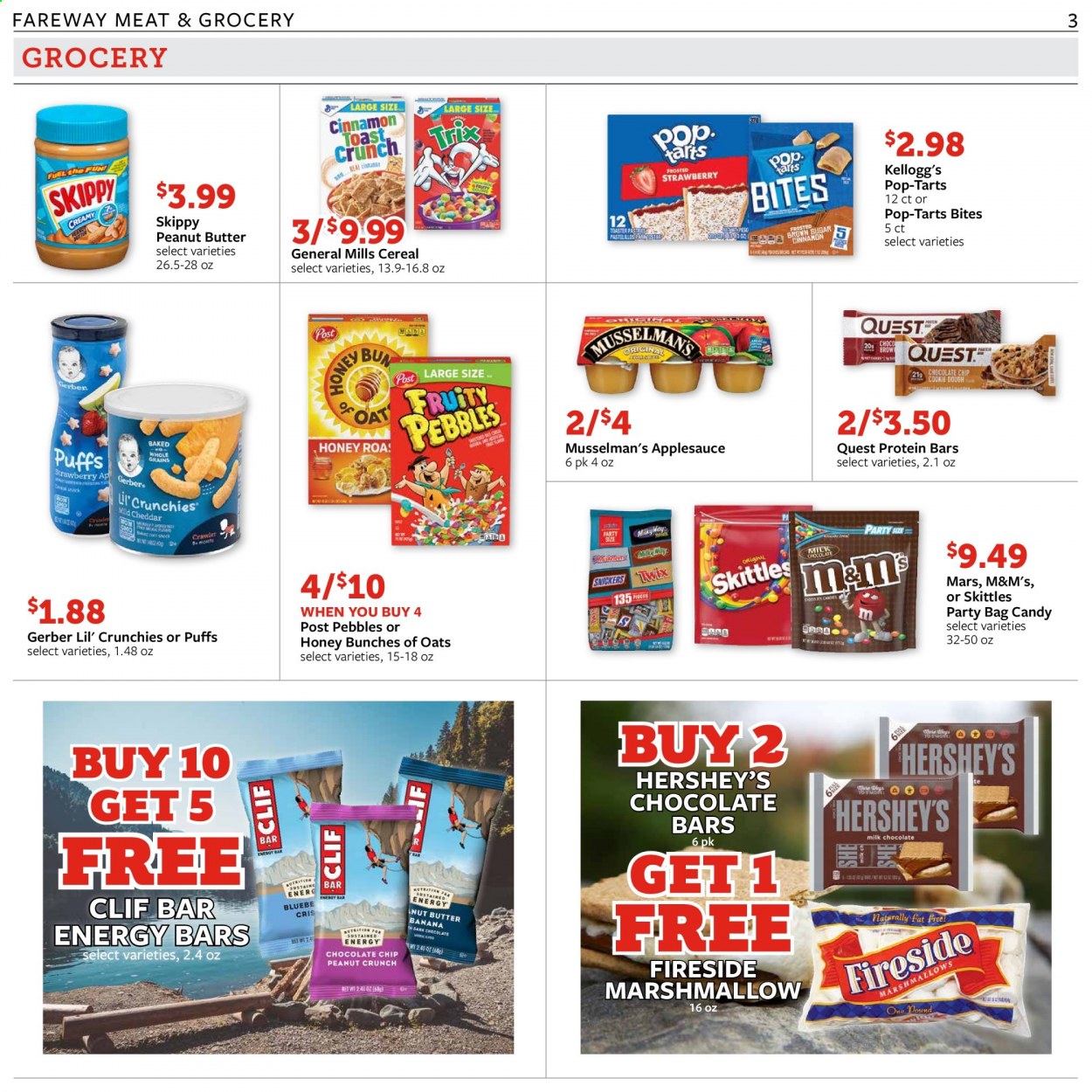 thumbnail - Fareway Flyer - 08/03/2021 - 08/09/2021 - Sales products - puffs, Hershey's, cookie dough, marshmallows, milk chocolate, Snickers, Mars, M&M's, Kellogg's, dark chocolate, Skittles, Pop-Tarts, chocolate bar, Gerber, Lil' Crunchies, cereals, protein bar, energy bar, cinnamon, apple sauce, peanut butter, nut butter. Page 3.