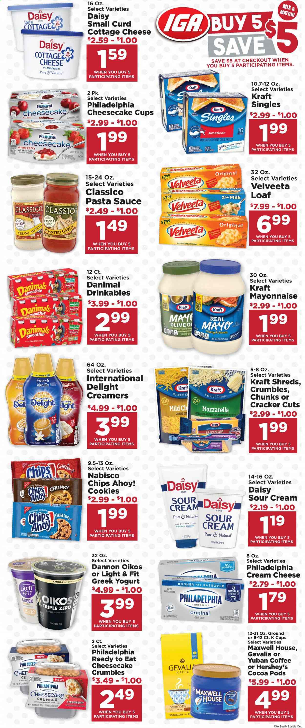 thumbnail - IGA Flyer - 08/04/2021 - 08/10/2021 - Sales products - pasta sauce, Kraft®, cottage cheese, cream cheese, mozzarella, sandwich slices, Philadelphia, cheese, Kraft Singles, greek yoghurt, yoghurt, Oikos, Dannon, milk, sour cream, mayonnaise, Hershey's, cookies, crackers, Chips Ahoy!, chips, cocoa, Classico, smoothie, Maxwell House, coffee, coffee capsules, K-Cups, Gevalia, cup. Page 1.