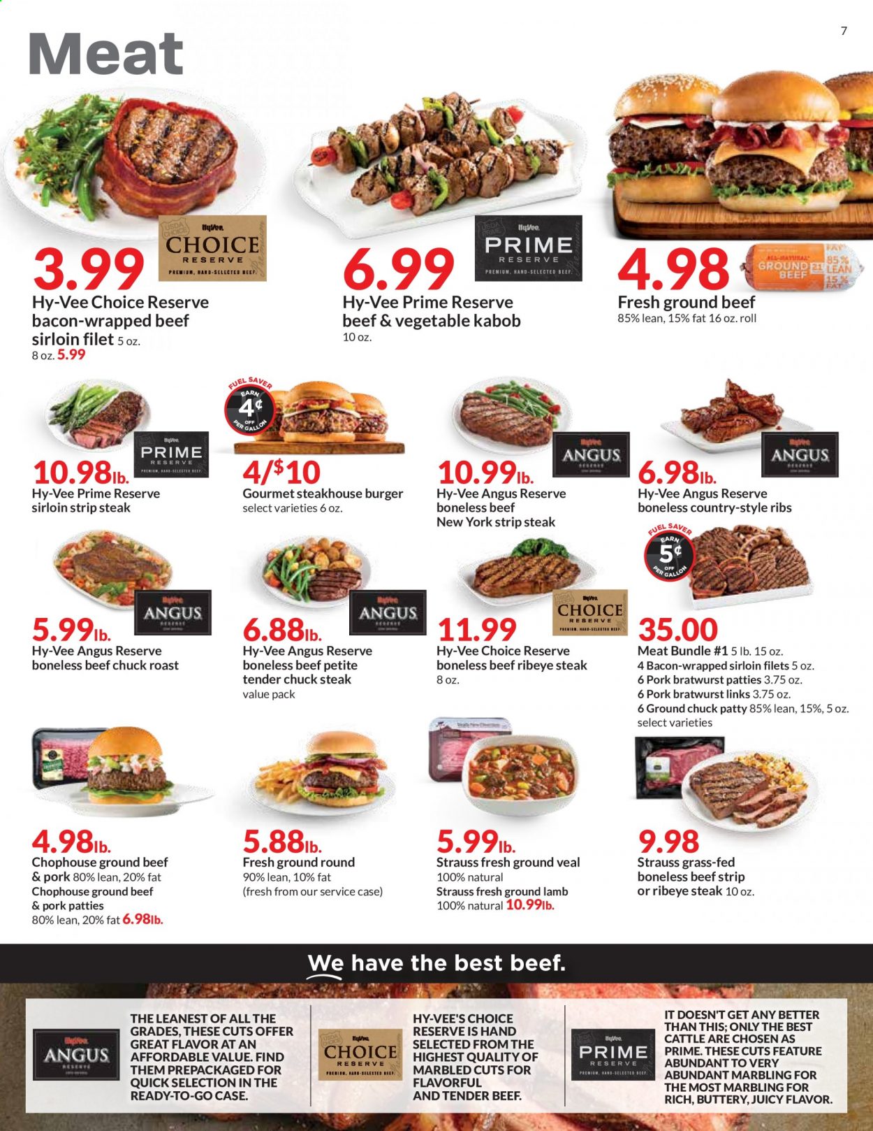 thumbnail - Hy-Vee Flyer - 08/04/2021 - 08/10/2021 - Sales products - hamburger, bacon, bratwurst, beef meat, beef sirloin, beef steak, ground beef, ground chuck, ground veal, veal meat, steak, sirloin steak, chuck steak, chuck roast, ribeye steak, striploin steak, chuck tender, ground lamb, pork ribs, country style ribs, lamb meat. Page 7.