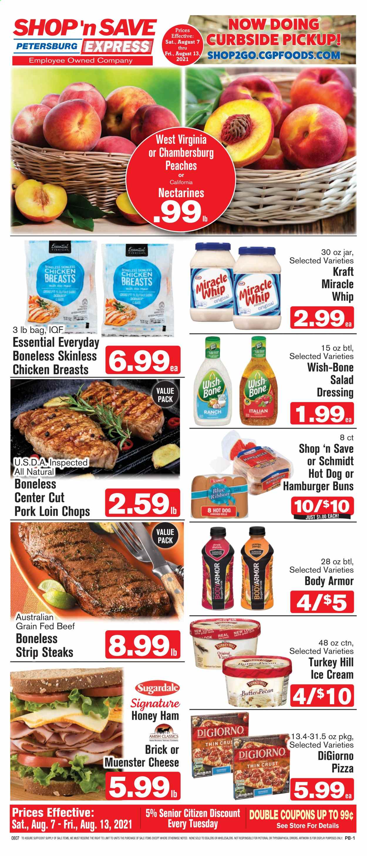 thumbnail - Shop ‘n Save Express Flyer - 08/07/2021 - 08/13/2021 - Sales products - buns, burger buns, chicken breasts, beef meat, steak, striploin steak, pork chops, pork loin, pork meat, hot dog, pizza, Kraft®, ham, Münster cheese, Miracle Whip, ice cream, salad dressing, dressing, nectarines, peaches. Page 1.