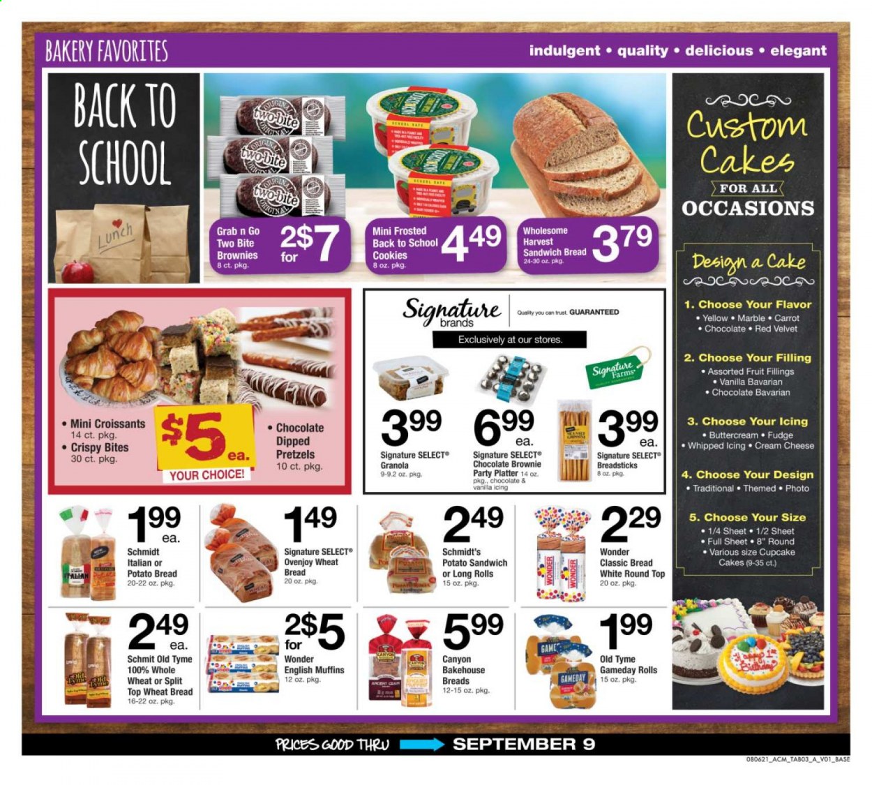 thumbnail - ACME Flyer - 08/06/2021 - 09/09/2021 - Sales products - english muffins, wheat bread, pretzels, cake, croissant, cupcake, brownies, cream cheese, cheese, cookies, fudge, chocolate, bread sticks, granola. Page 3.