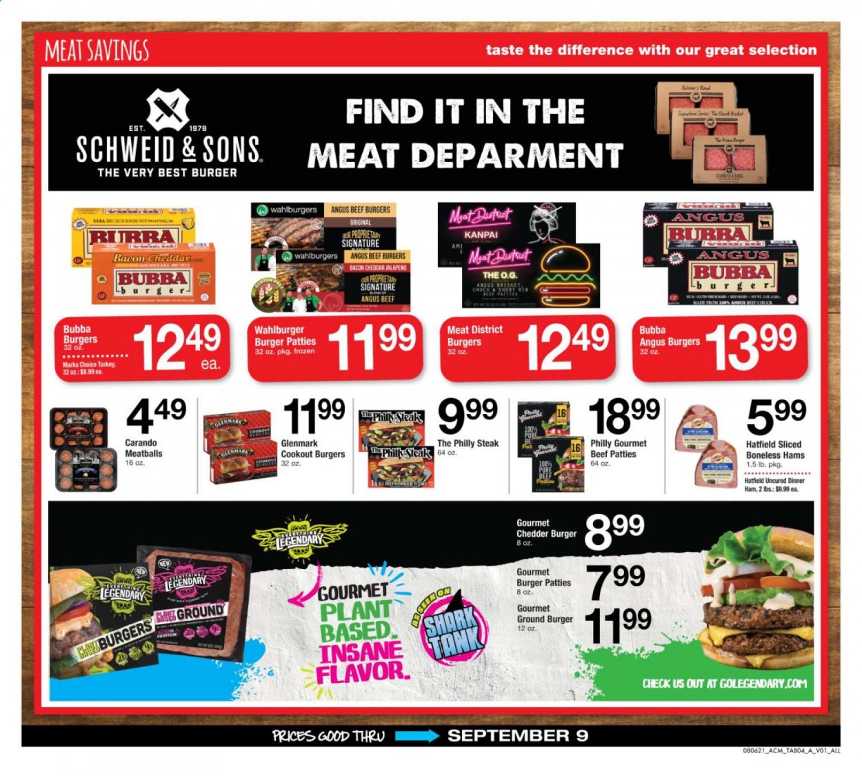 thumbnail - ACME Flyer - 08/06/2021 - 09/09/2021 - Sales products - jalapeño, meatballs, beef burger, bacon, ham, cheddar, cheese, beef meat, steak, burger patties, tank. Page 4.